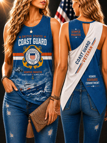 Two women modeling a blue sleeveless tank top with a United States Coast Guard graphic. One shows the front, featuring a large Coast Guard emblem, ship graphic, and text including 'Semper Paratus'.