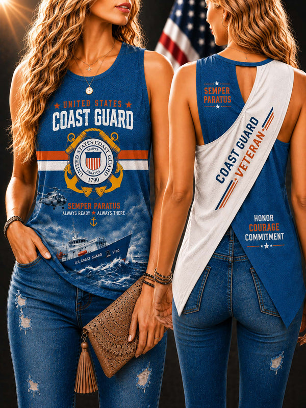Two women modeling a blue sleeveless tank top with a United States Coast Guard graphic. One shows the front, featuring a large Coast Guard emblem, ship graphic, and text including 'Semper Paratus'.