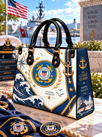 United States Coast Guard Heritage Elegance Leather Bag front view with crest and wave artwork
