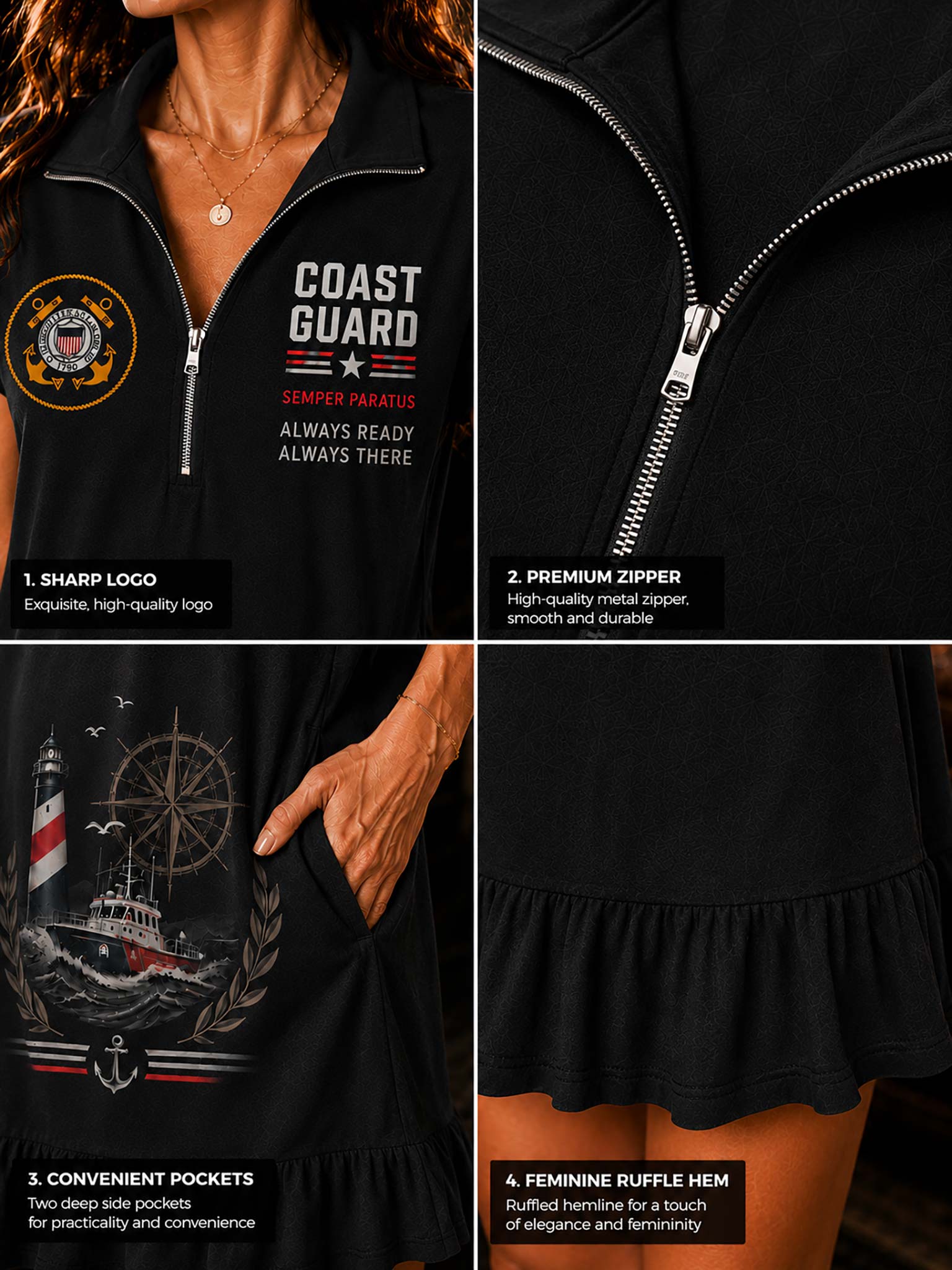 A four-panel close-up collage of a black Coast Guard-themed dress or tunic, showing a model wearing it. The panels highlight details: a printed Coast Guard emblem on the chest, a close-up of the front zipper, a graphic print on the front pocket, and the ruffled hem.