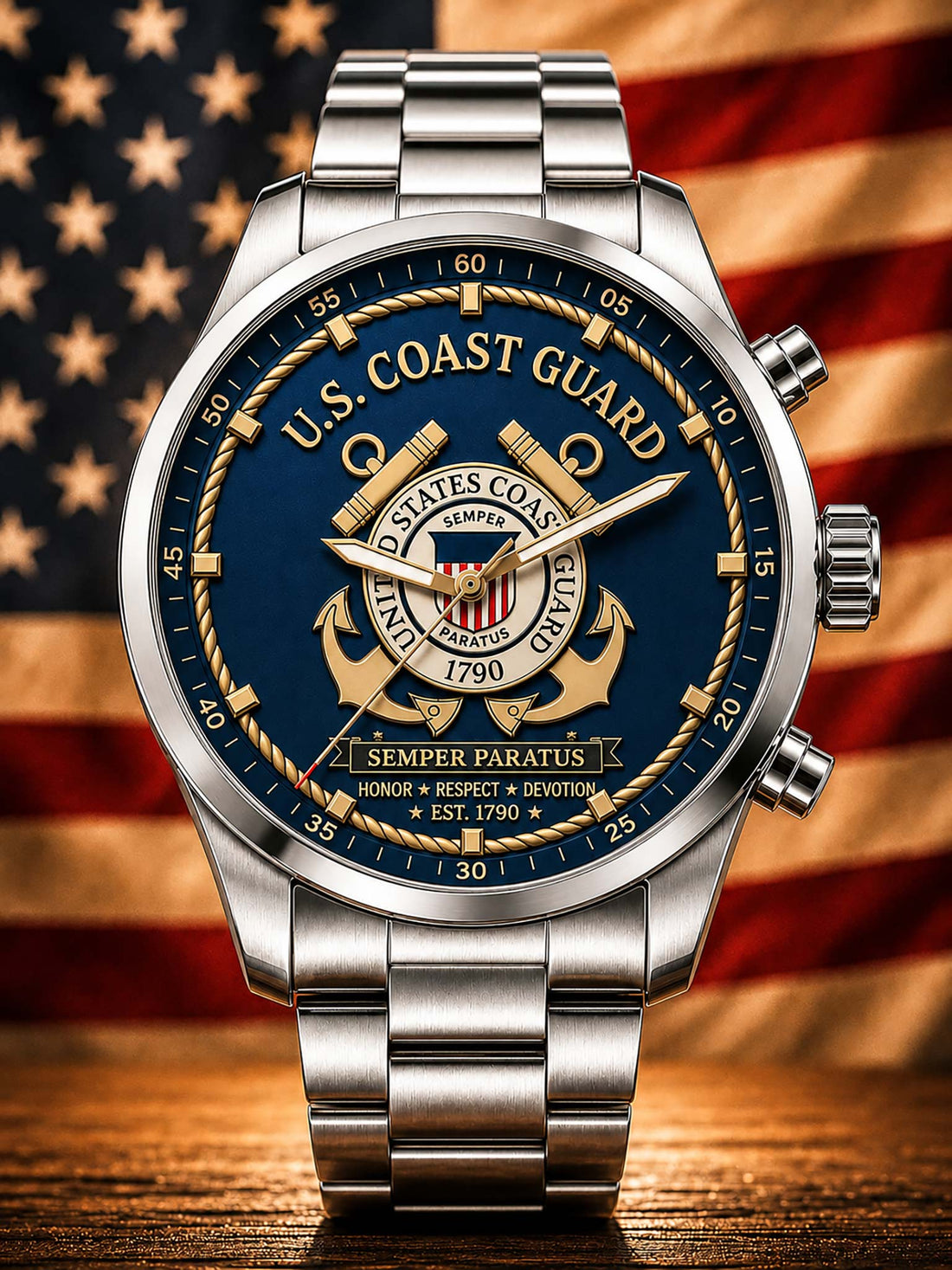A stainless steel wristwatch with a blue dial featuring the U.S.