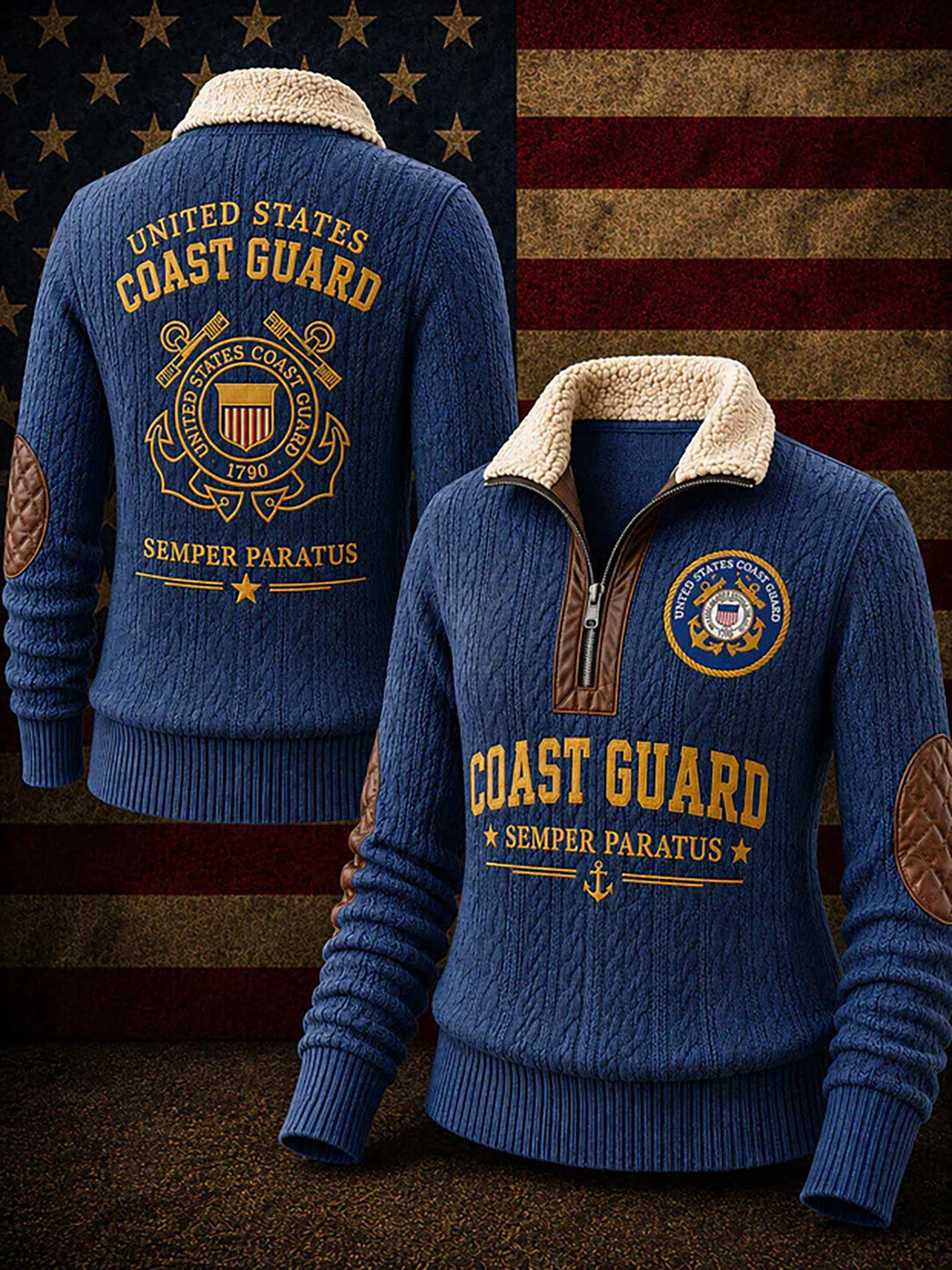 A blue cable-knit quarter-zip sweater shown from both front and back, with a cream sherpa collar, brown elbow patches, and yellow Coast Guard graphics. The background is a rustic American flag.