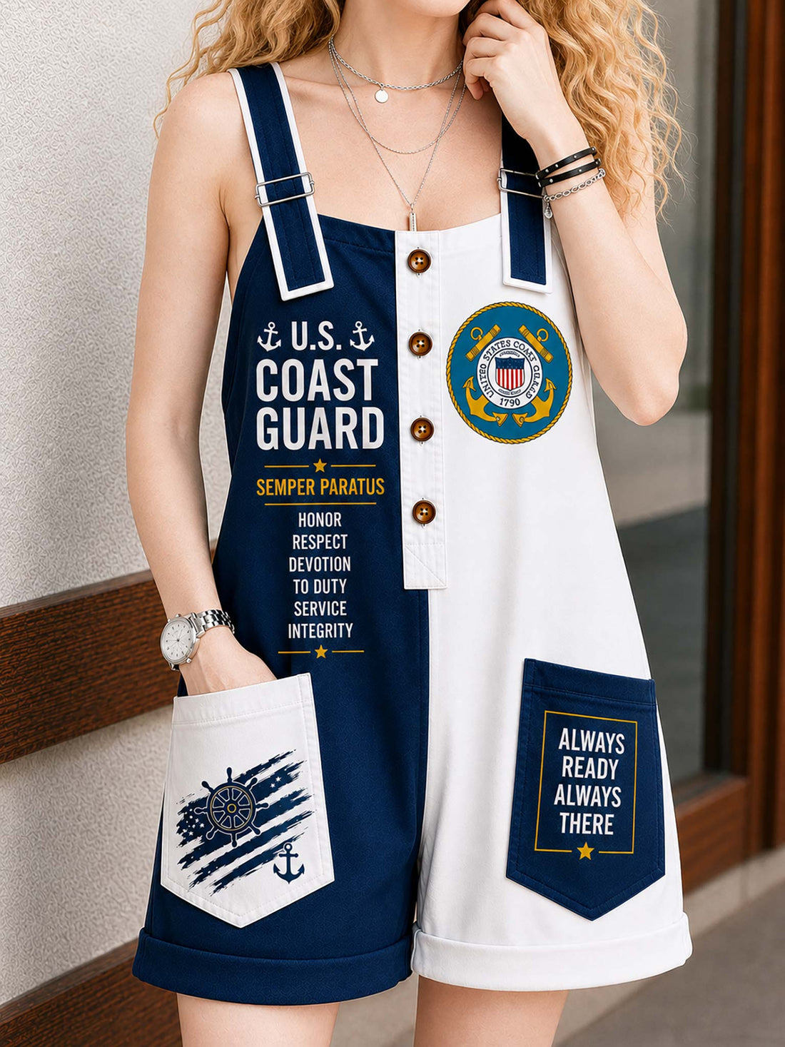 A woman wearing a navy and white U.S.