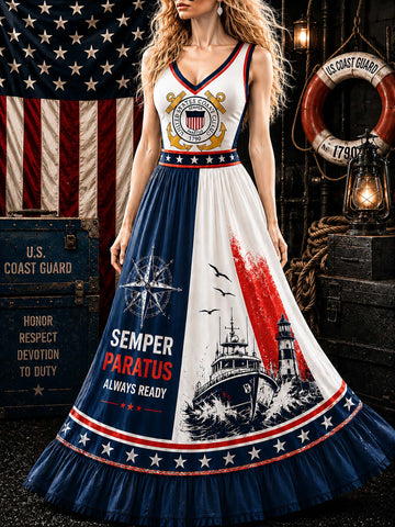 A sleeveless V-neck maxi dress with a U.S.
