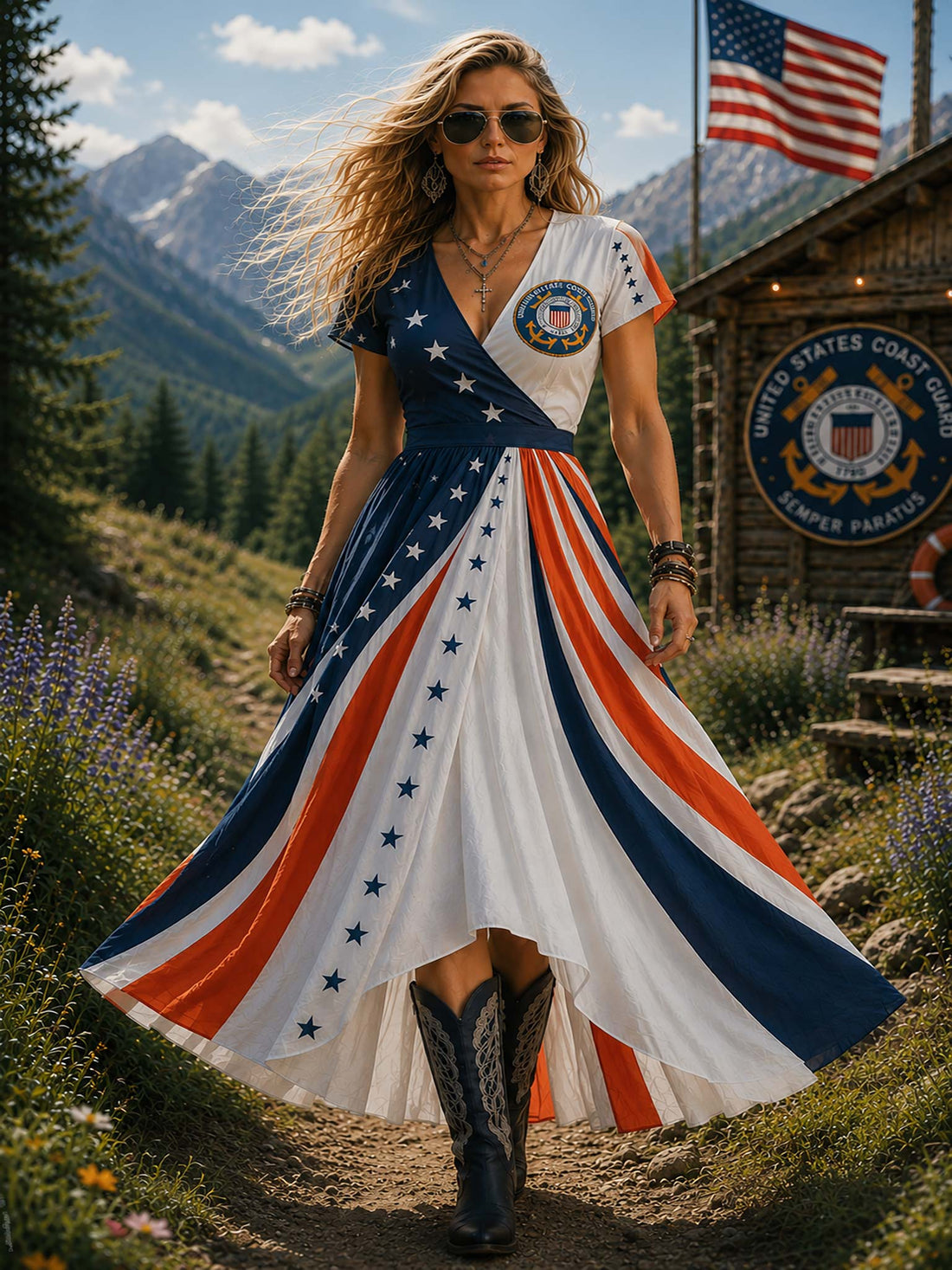 A woman wearing a high-low dress with an American flag theme stands on a mountain path. The dress features navy blue, white, and red stripes with white stars on a navy blue background.