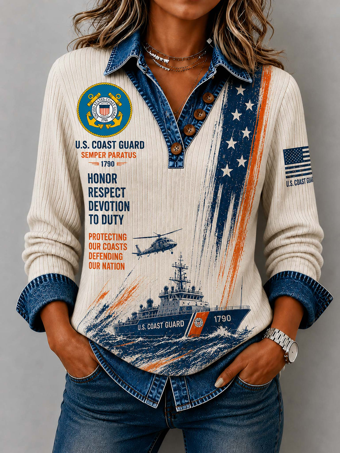 A woman wearing a cream ribbed long-sleeve button-up shirt with a U.S.