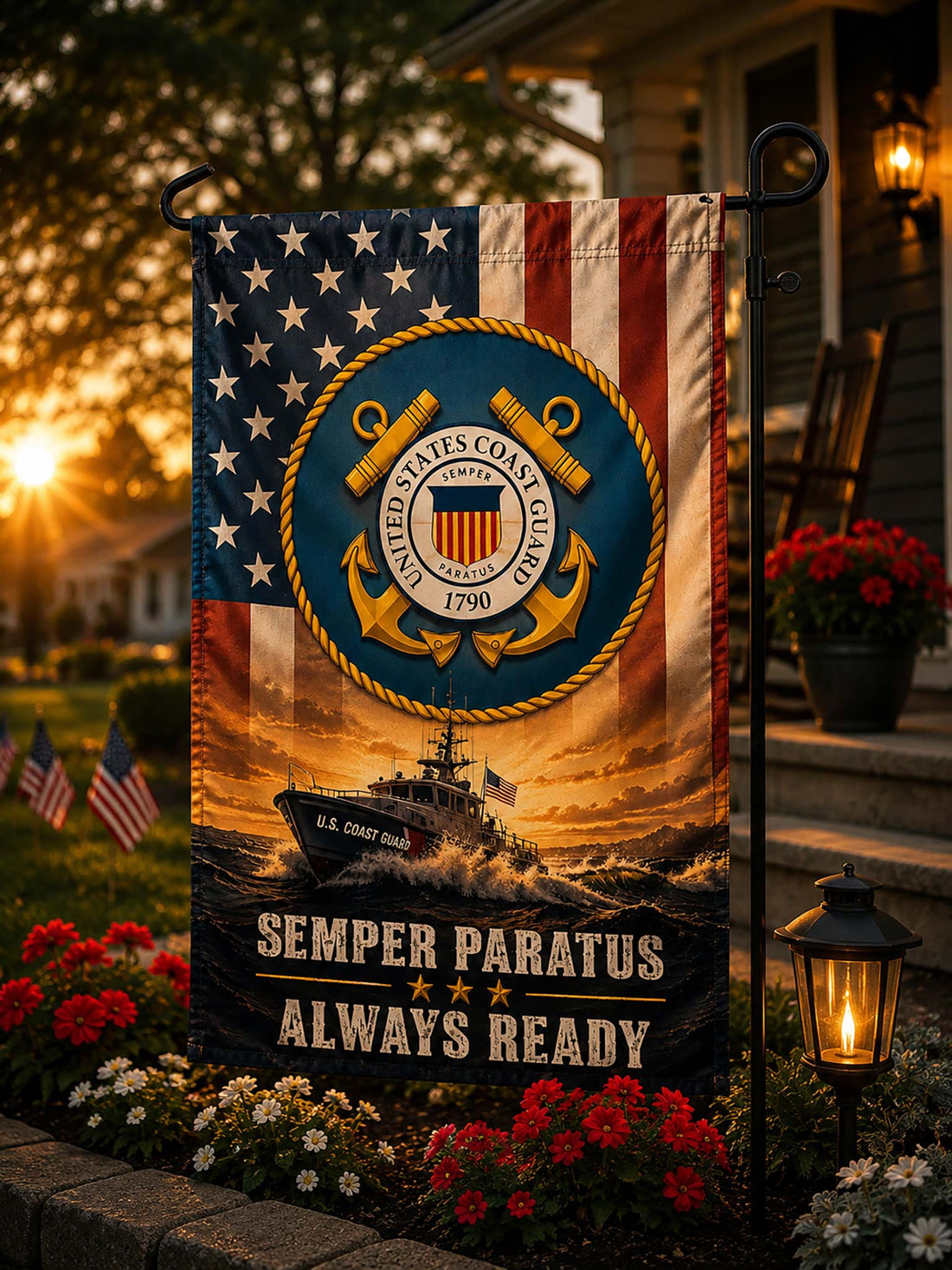 A vertical garden flag mounted on a black metal pole outdoors in a grassy area. The flag features the United States Coast Guard emblem over an American flag background, with a U.