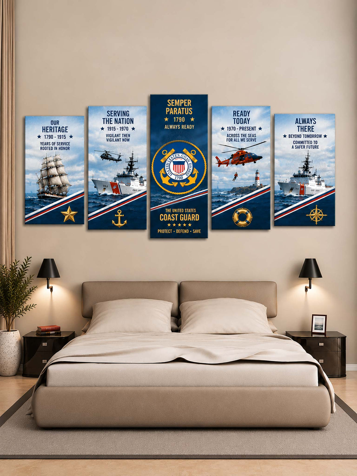 A 5-panel canvas wall art set featuring US Coast Guard themed designs, displayed in a bedroom setting above a bed with two bedside lamps.