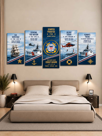 A 5-panel canvas wall art set featuring US Coast Guard themed designs, displayed in a bedroom setting above a bed with two bedside lamps.