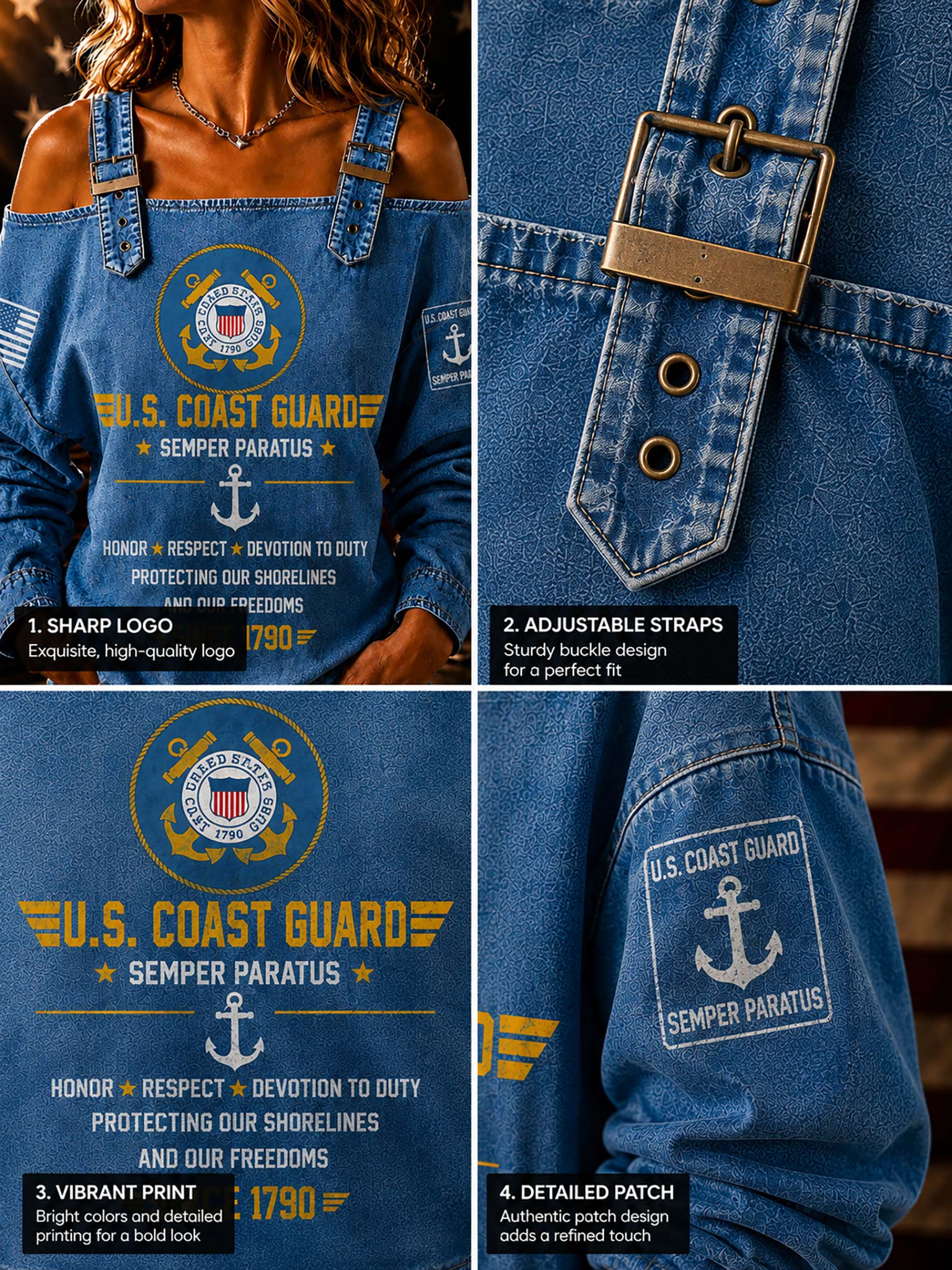 A four-panel collage showing a blue denim-style U.S.