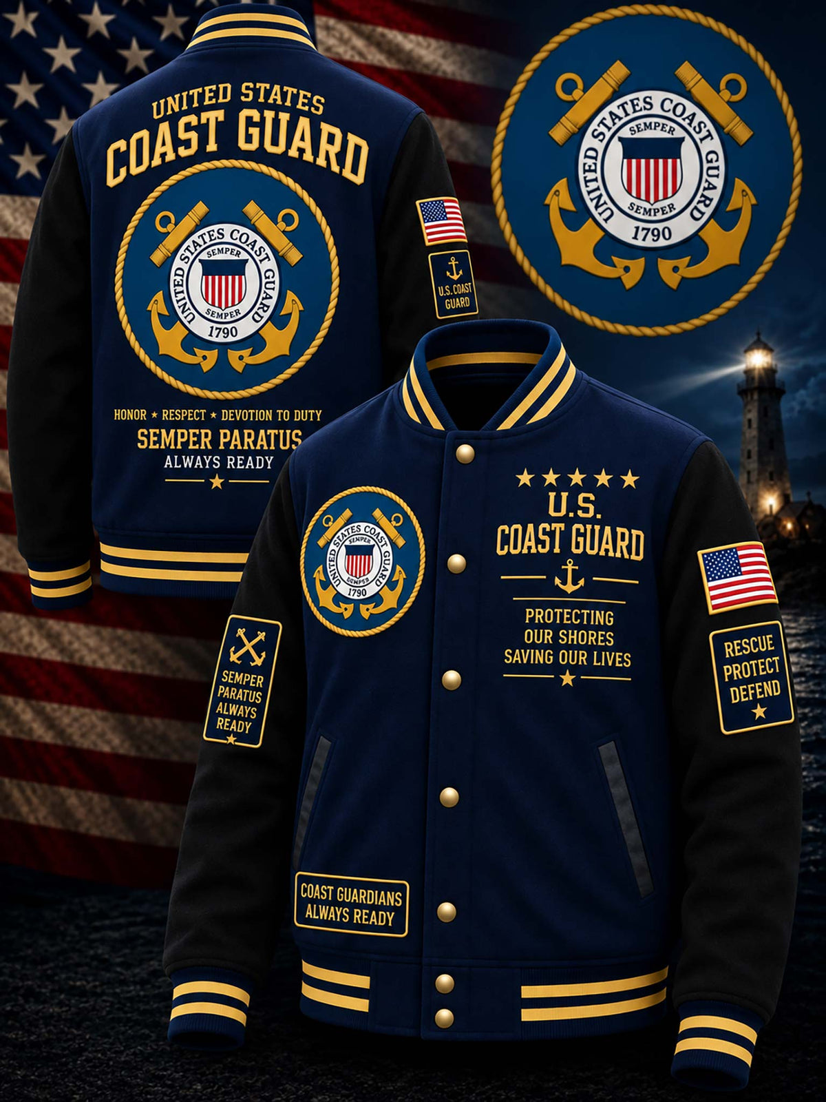 A navy blue and black varsity-style jacket with gold and white United States Coast Guard graphics, shown from front and back on a dark patriotic background with an American flag and lighthouse.
