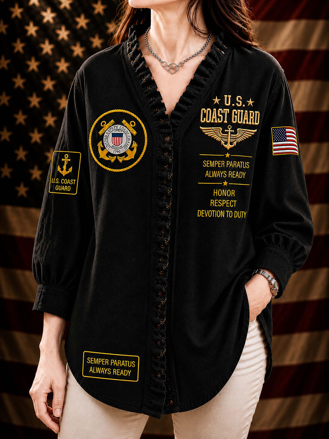 A woman wearing a black long-sleeve button-front shirt with U.S.