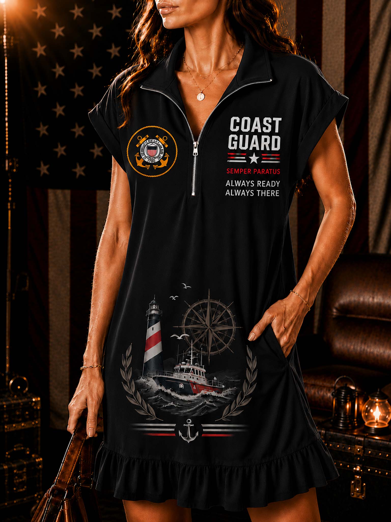 A woman wearing a black Coast Guard-themed mini dress with a half-zip collar, featuring a US Coast Guard emblem on the left chest, white 'COAST GUARD' text, and a lighthouse and boat graphic on the front, posed in a dimly lit room with an American flag and leather furniture in the background.