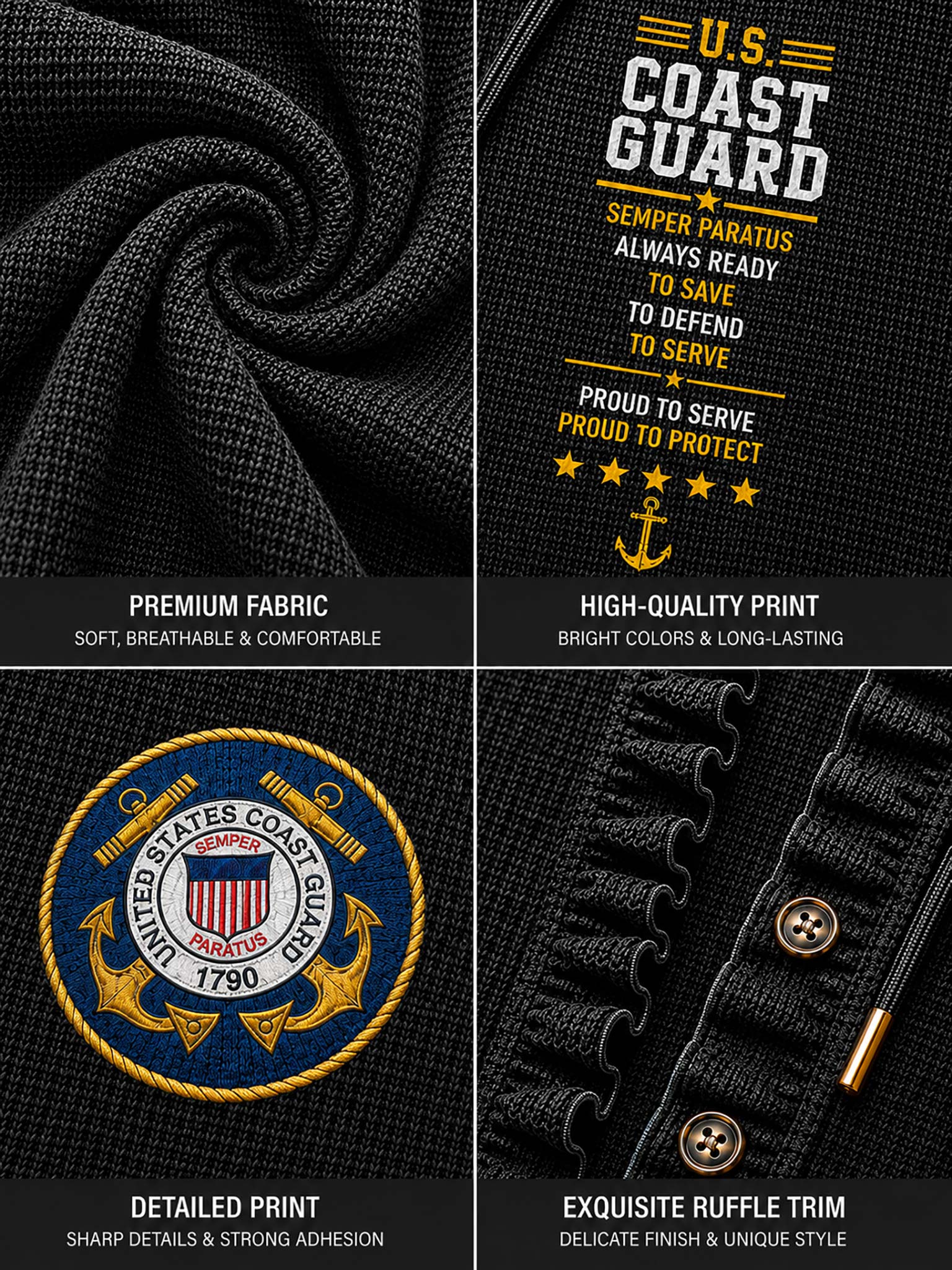 Four-panel close-up collage of a black textured fabric product, showing a swirled fabric texture, a printed 'U.S.