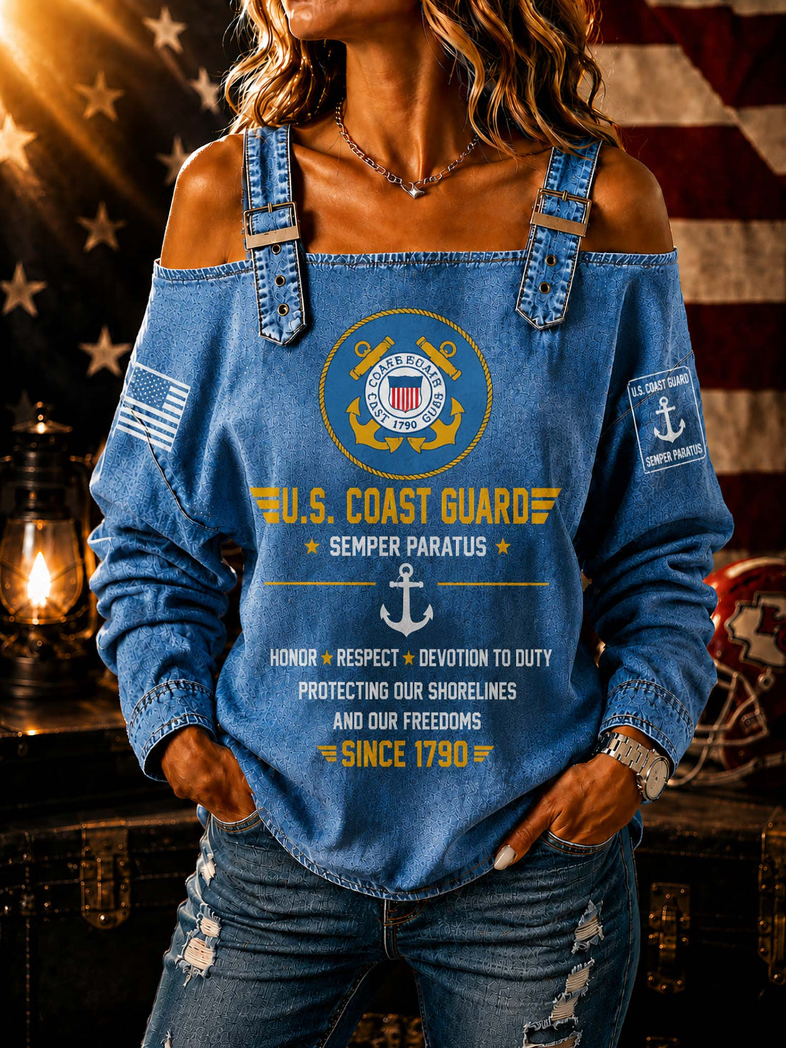 A woman wearing a blue off-the-shoulder denim top with U.S.