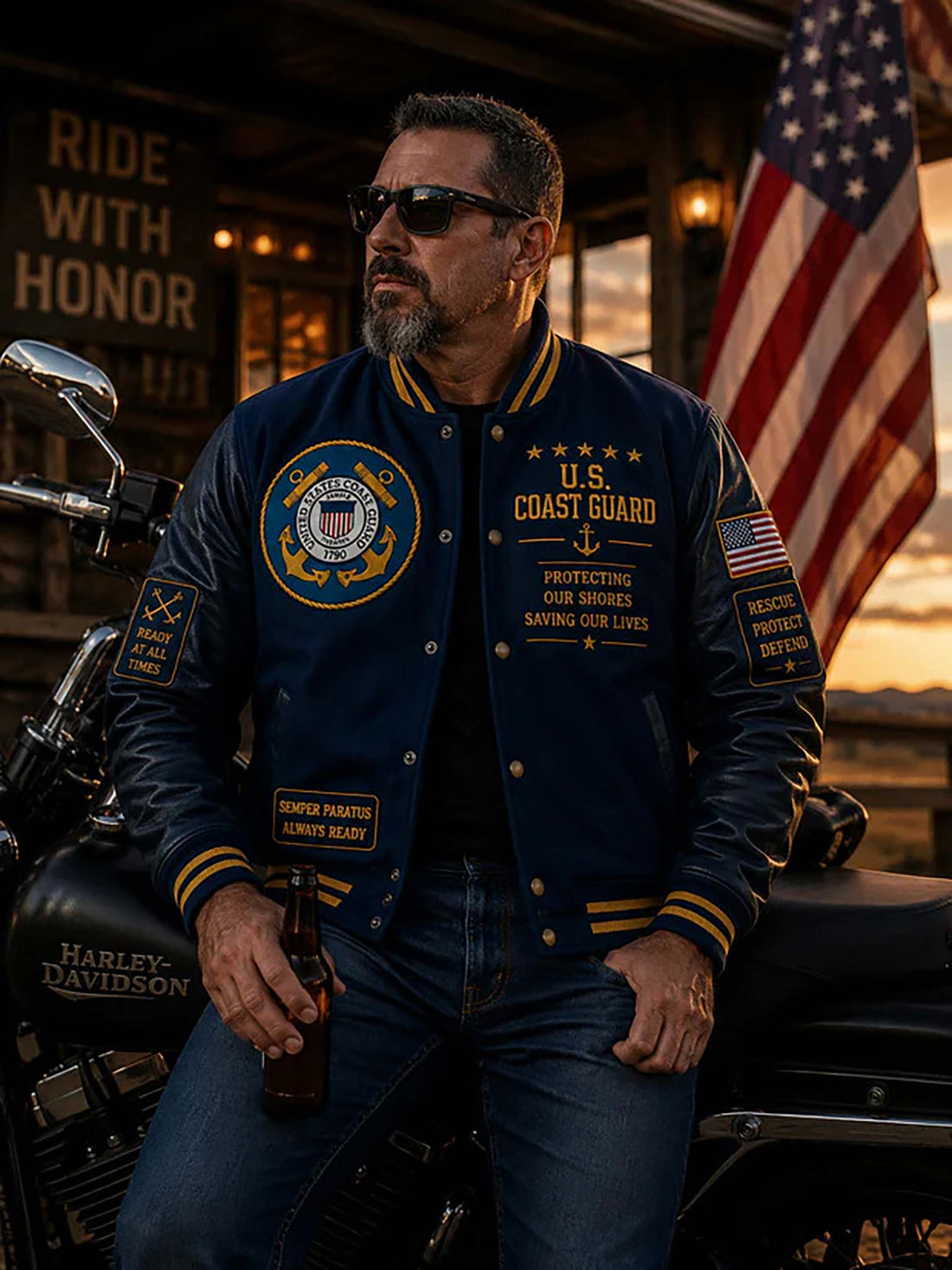 A navy blue and black varsity-style jacket with U.S.
