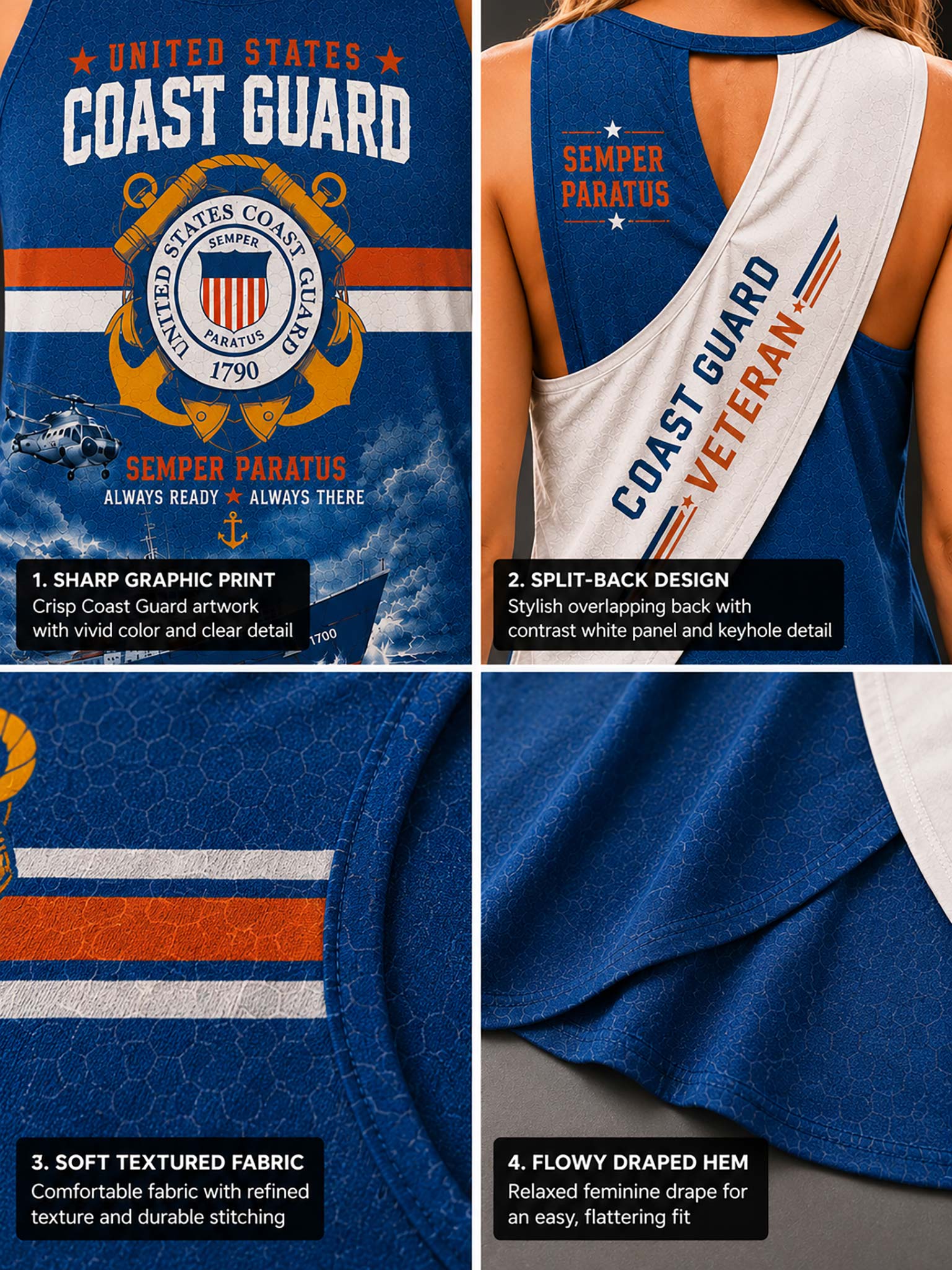 A four-panel product showcase of a blue Coast Guard-themed tank top and matching sash. The top-left panel shows a close-up of the printed graphic with text and emblem details.