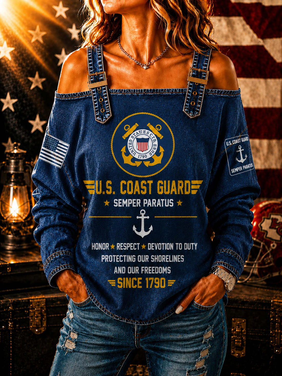 A woman wearing a blue off-the-shoulder denim top with U.S.