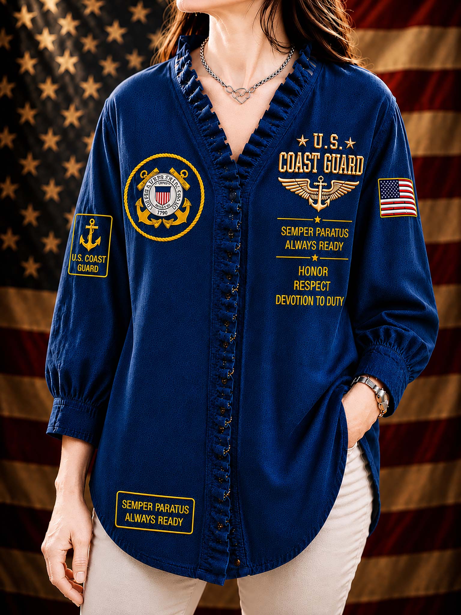 A woman wearing a navy blue button-front shirt with U.S.