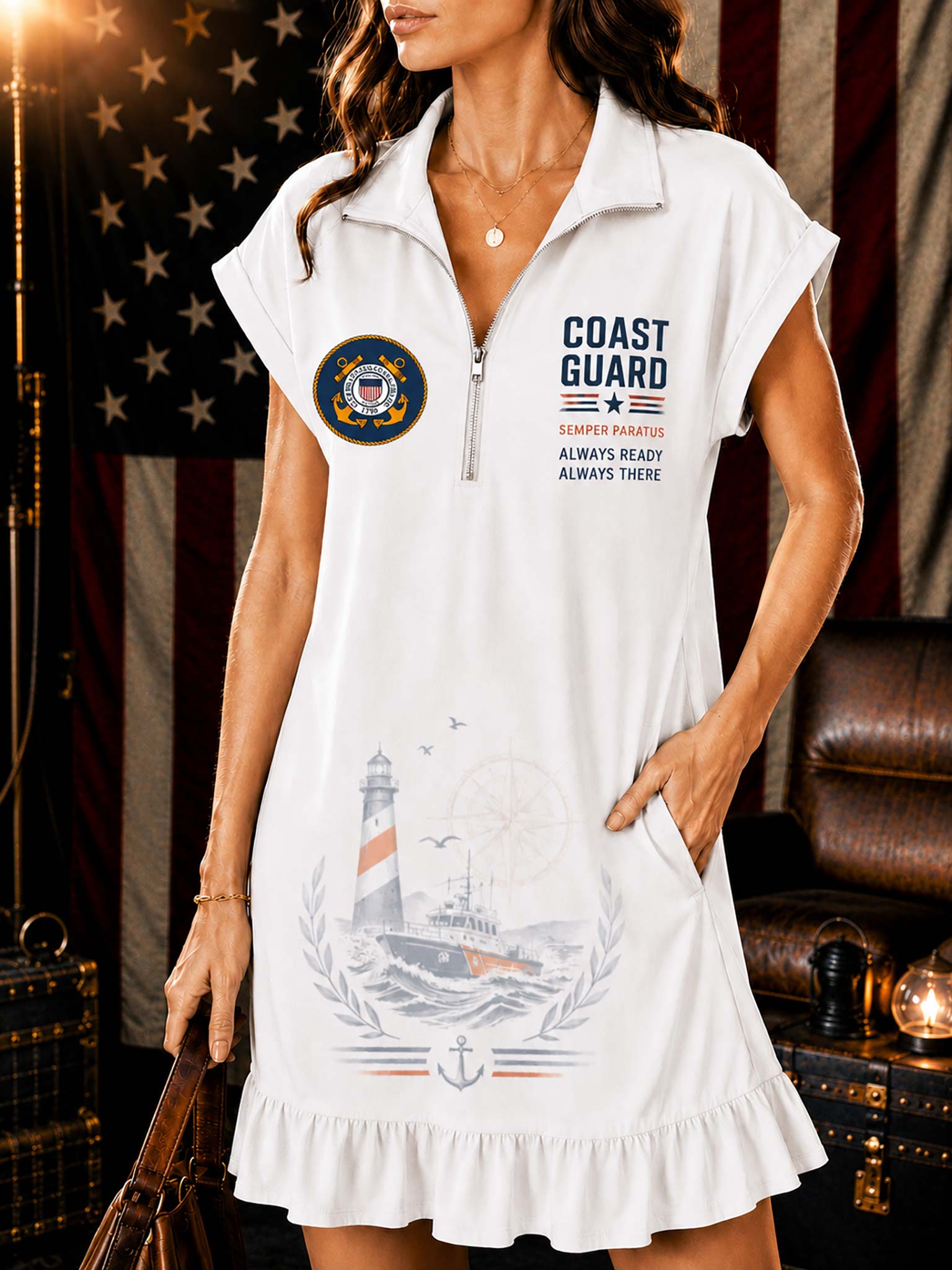 A woman models a white short-sleeve dress with a half-zip collar, featuring 'COAST GUARD' text, a US Coast Guard emblem, and a lighthouse graphic on the front.