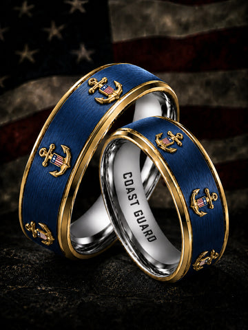 Two interlocking navy blue and gold Coast Guard rings with anchor details, displayed against a dark American flag background.