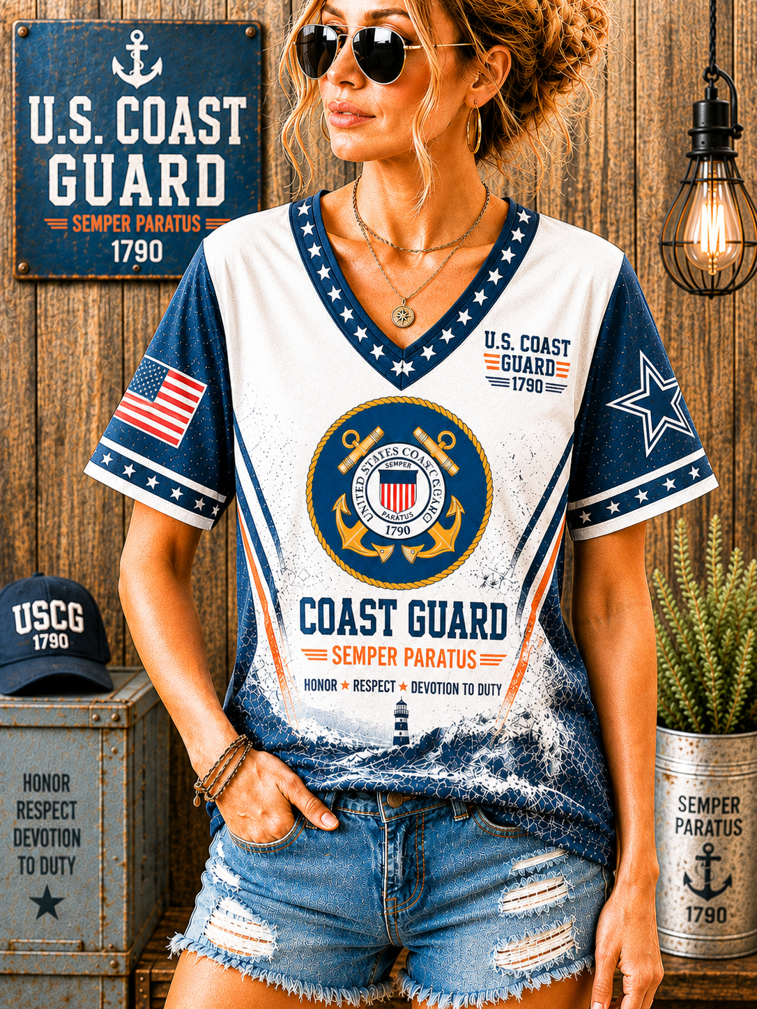 A woman wearing a distressed U.S.