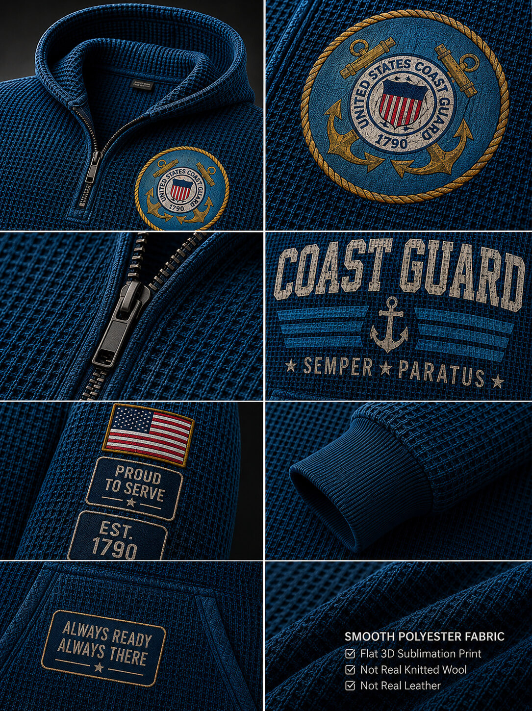 A dark blue waffle-knit quarter-zip jacket shown in a six-panel collage, featuring a Coast Guard patch on the chest and shoulder, a large 'COAST GUARD' patch on the back, an American flag patch, and a slogan patch. Text in the corner notes smooth polyester fabric.
