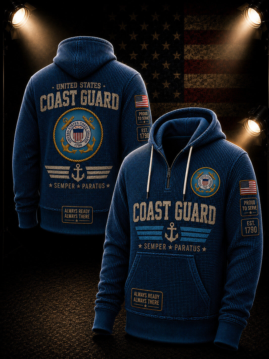 A blue waffle-knit hoodie shown from both front and back, featuring United States Coast Guard graphics, including a large crest, 'COAST GUARD' text, an anchor, and patch-style sleeve and hem prints. The hoodie is displayed against a dark background with spotlight effects and a faint American flag.