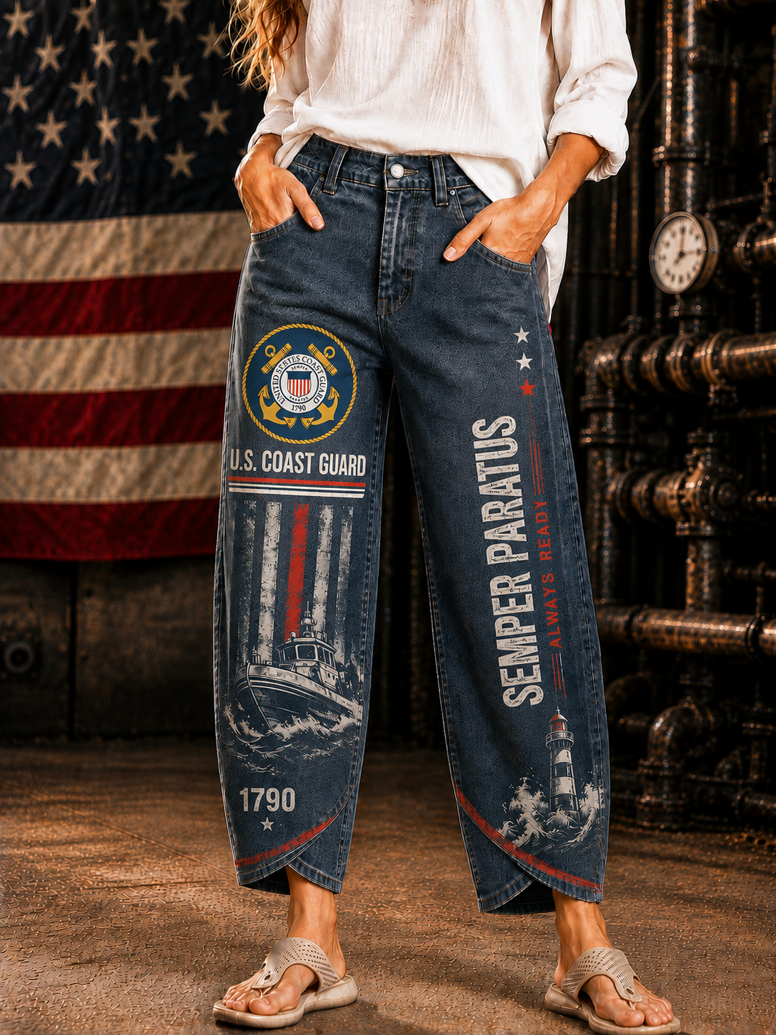 A person wearing dark blue graphic denim jeans with U.S.