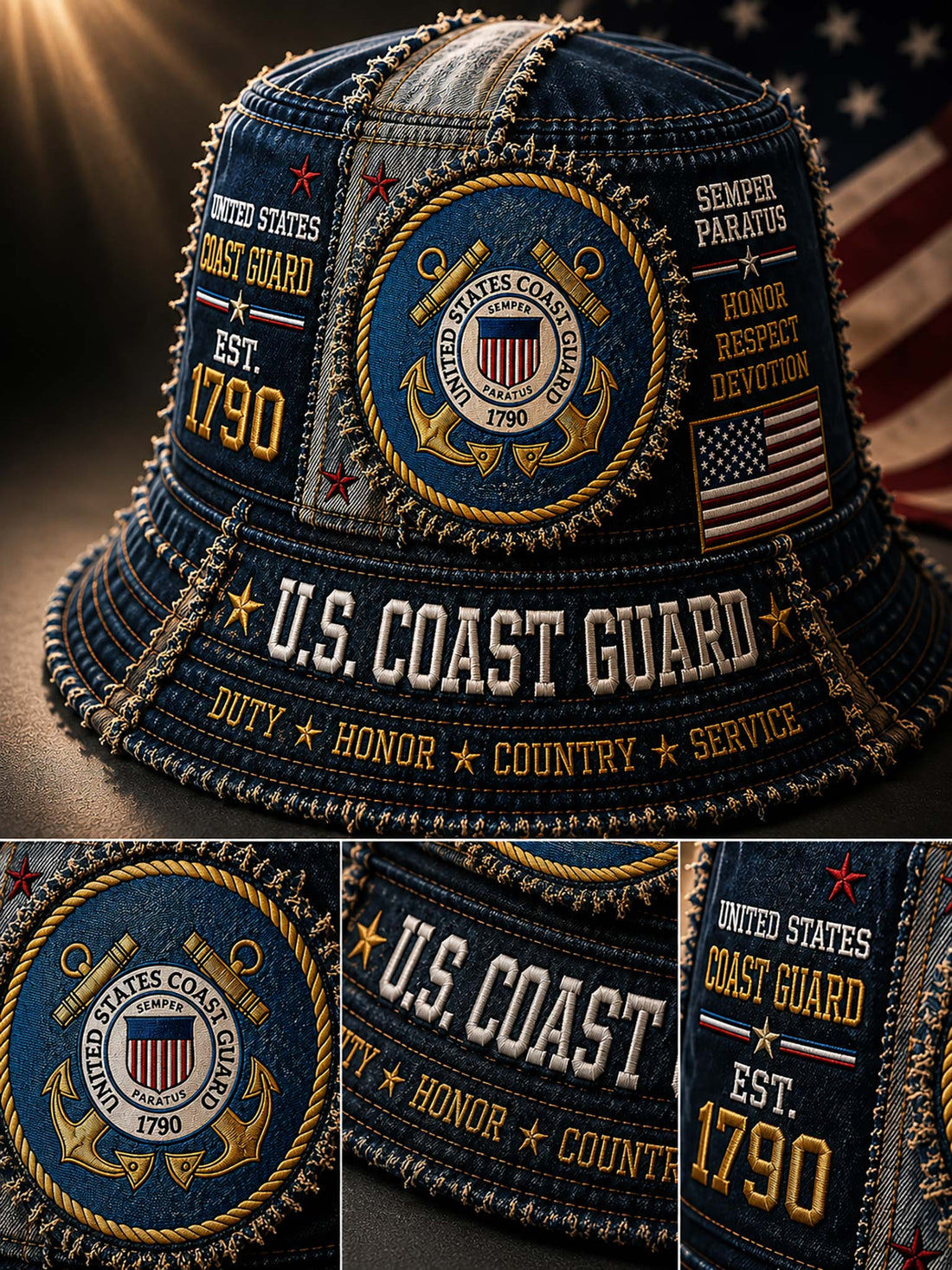 A dark blue denim-style bucket hat with extensive embroidered U.S.