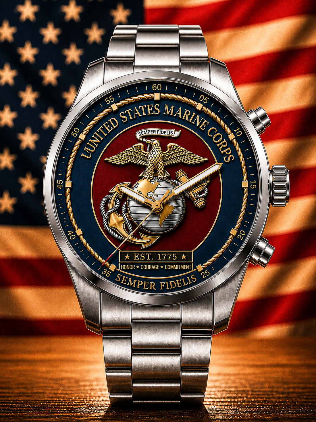 A stainless steel military-style wristwatch with a detailed United States Marine Corps themed dial, featuring the USMC emblem, 'United States Marine Corps' text, and a red, gold, and blue face. The watch is set against a blurred American flag background on a wooden surface.