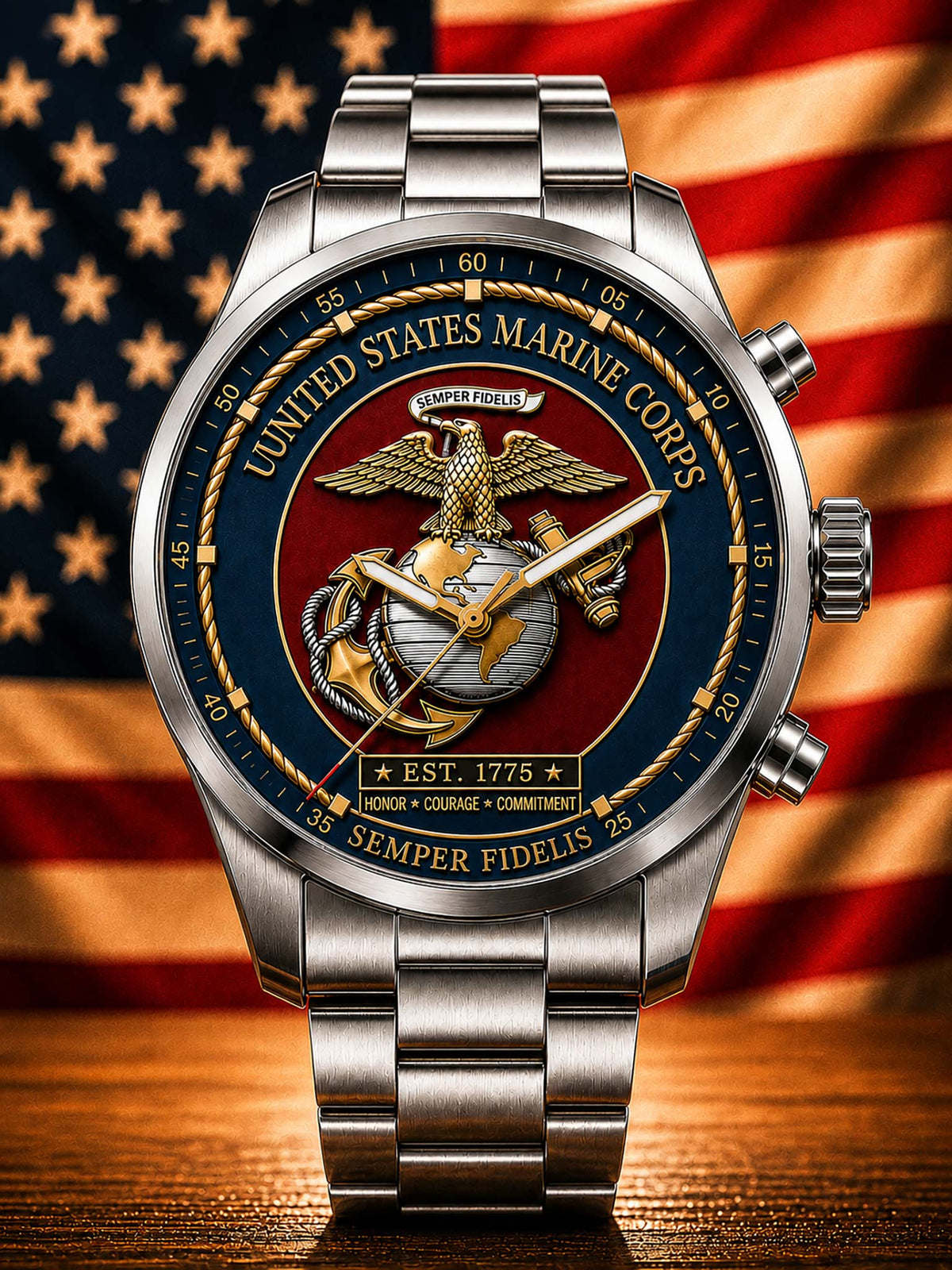 A stainless steel military-style wristwatch with a detailed United States Marine Corps themed dial, featuring the USMC emblem, 'United States Marine Corps' text, and a red, gold, and blue face. The watch is set against a blurred American flag background on a wooden surface.