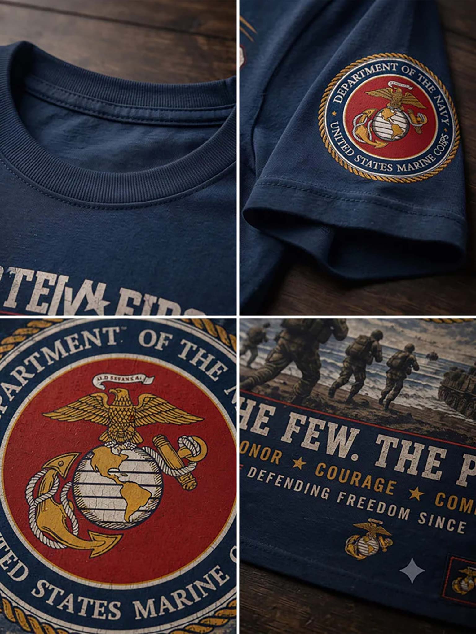 A navy blue t-shirt featuring the United States Marine Corps emblem and text, shown in a four-panel collage highlighting the collar, sleeve patch, front graphic, and a combat scene print.