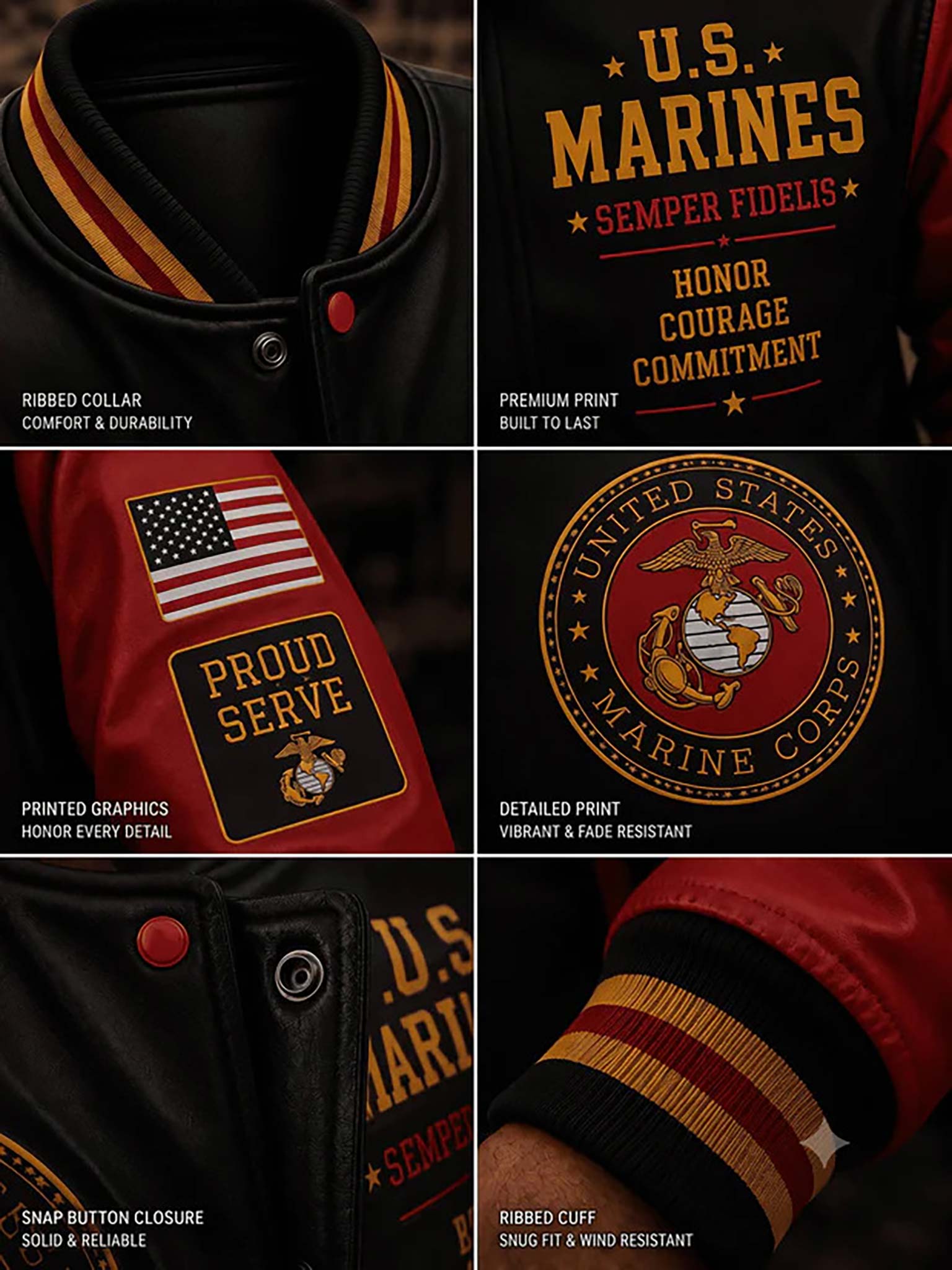 A 4-panel close-up collage of a black varsity-style jacket with red and gold trim, showing the collar, chest print reading 'U.S.