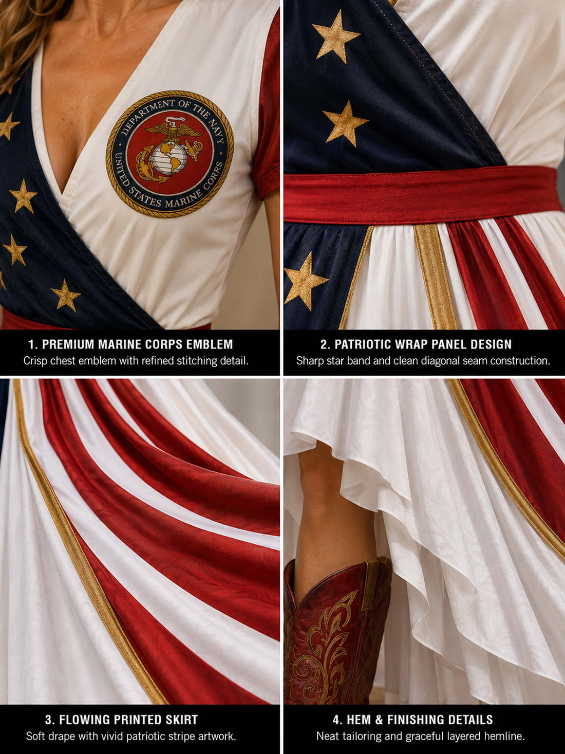 A woman wearing a high-low dress with a USMC-inspired design walks outdoors in a mountain setting. The dress features a navy blue section with gold stars, a red and white striped section, and a white center panel with a circular emblem.