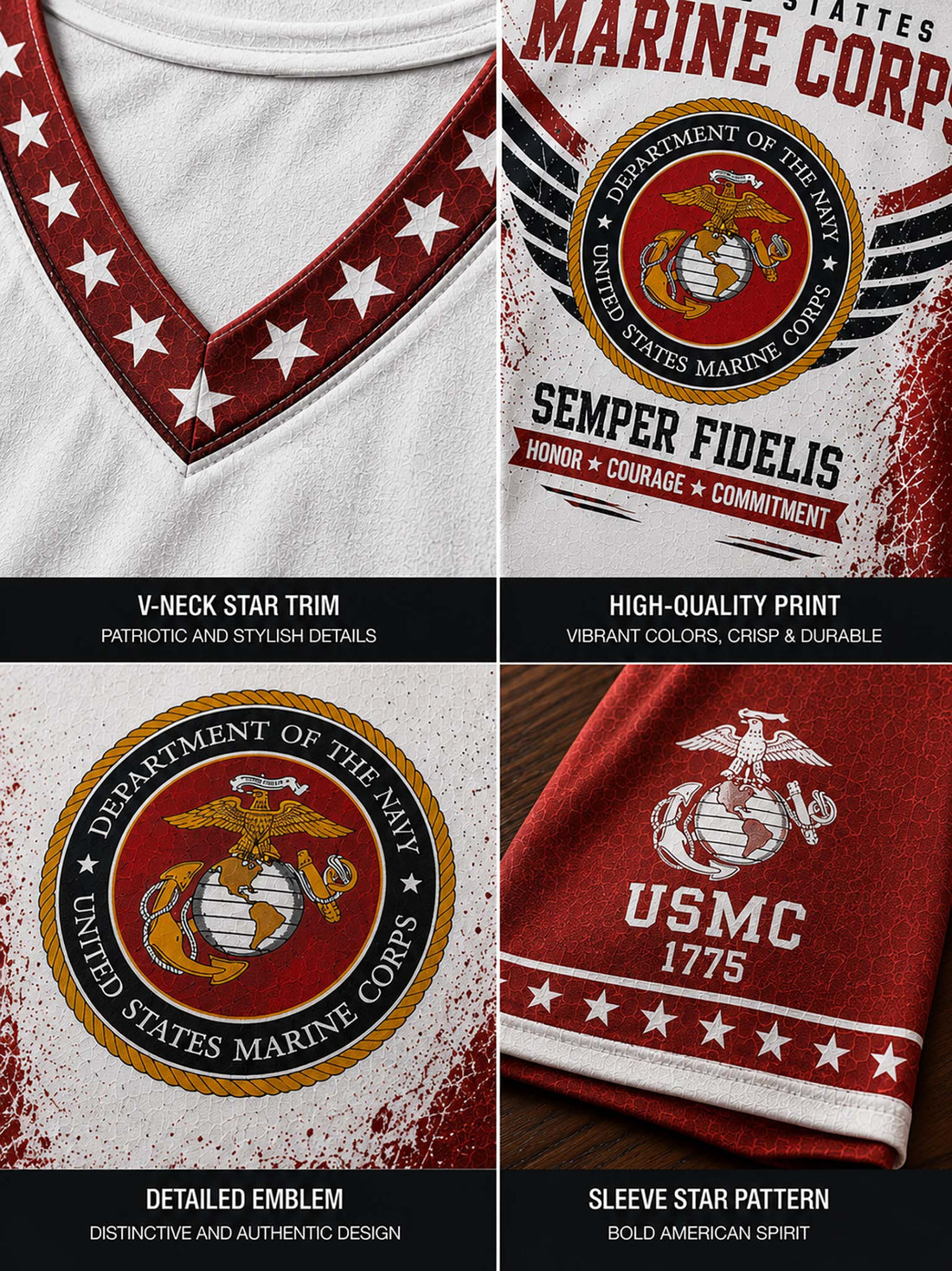 A woman wearing a distressed V-neck t-shirt with a United States Marine Corps theme, featuring red, white, and blue graphics, denim shorts, and sunglasses, posed in a rustic themed room with Marine Corps decor.