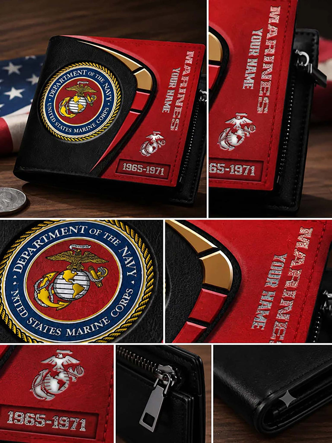 A black and red bi-fold wallet with a large U.S.