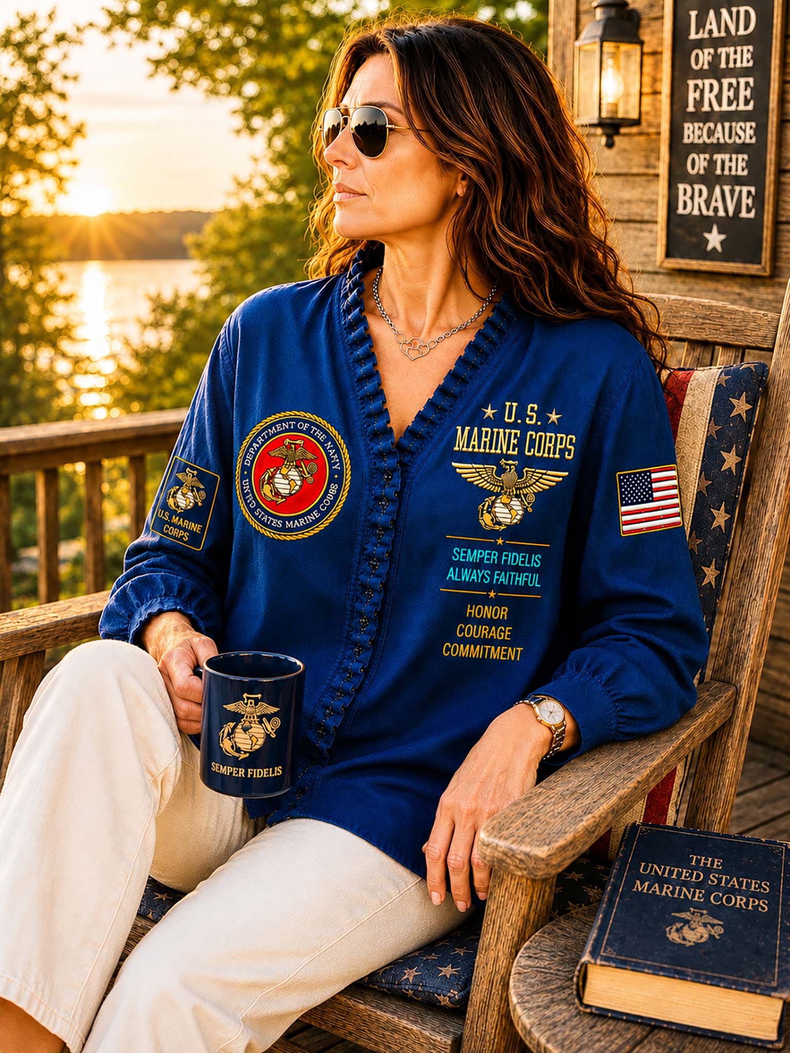 A woman wearing a blue long-sleeve button-front shirt with U.S.