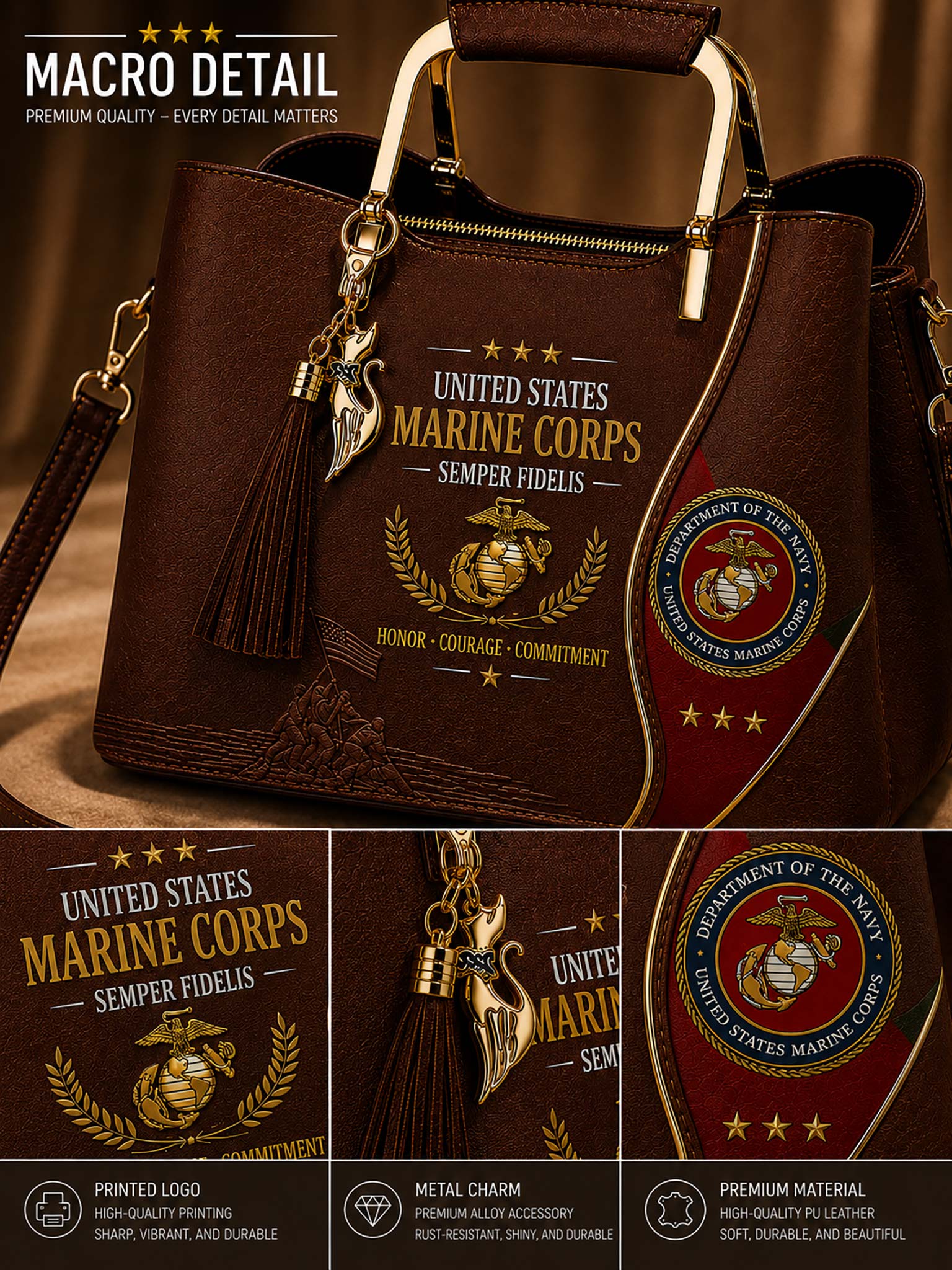 A dark brown leather handbag with gold-tone hardware, featuring a United States Marine Corps emblem and text printed on the front, with three detail inset panels at the bottom showing close-ups of the logo, charm, and embossed design.
