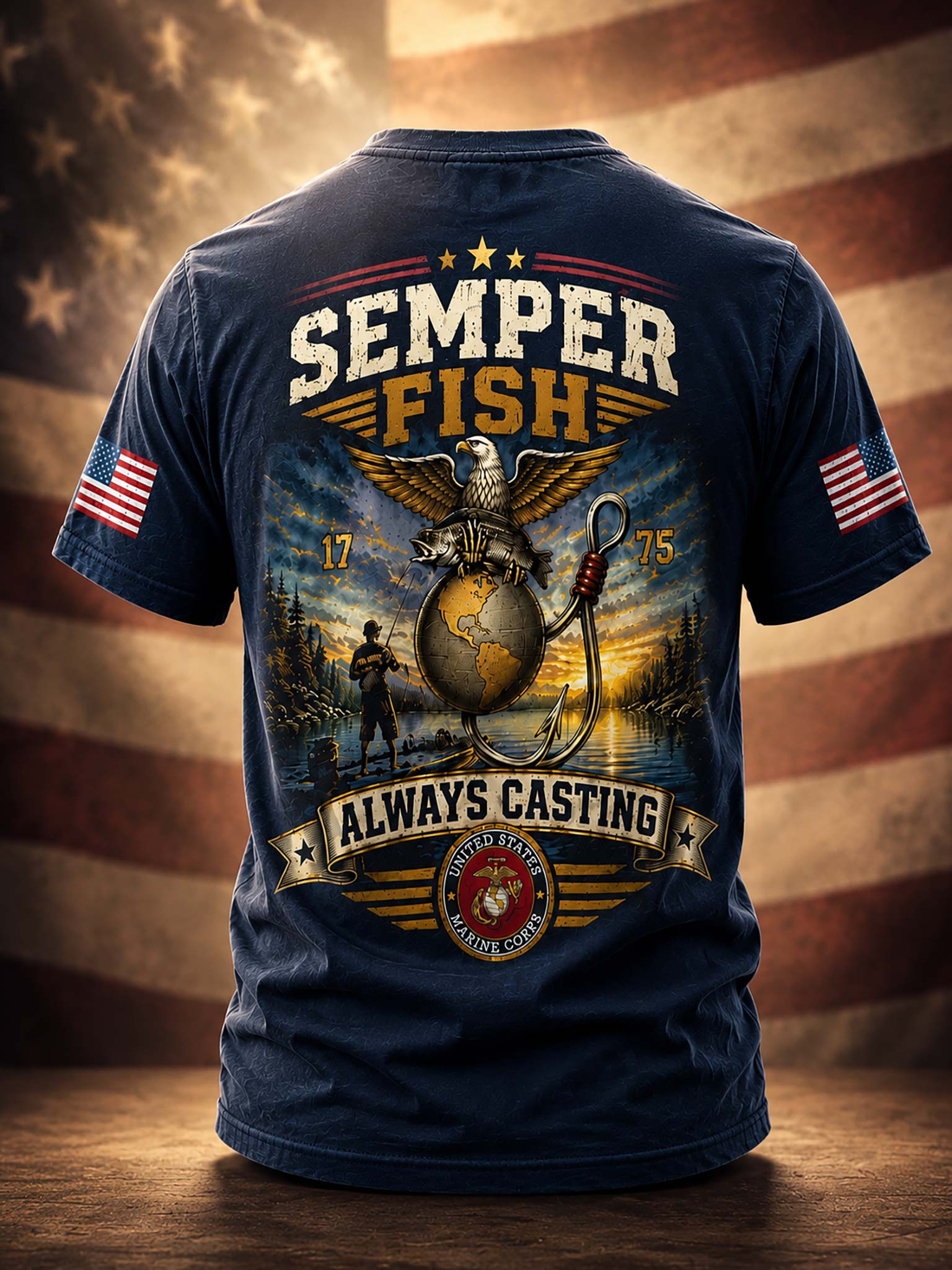 A navy blue short-sleeve t-shirt shown from the back, featuring a large patriotic graphic with the words 'SEMPER FISH' and 'ALWAYS CASTING,' an eagle over a globe and anchor, a fisherman silhouette, and a Marine Corps emblem. Small American flag prints appear on both sleeves.