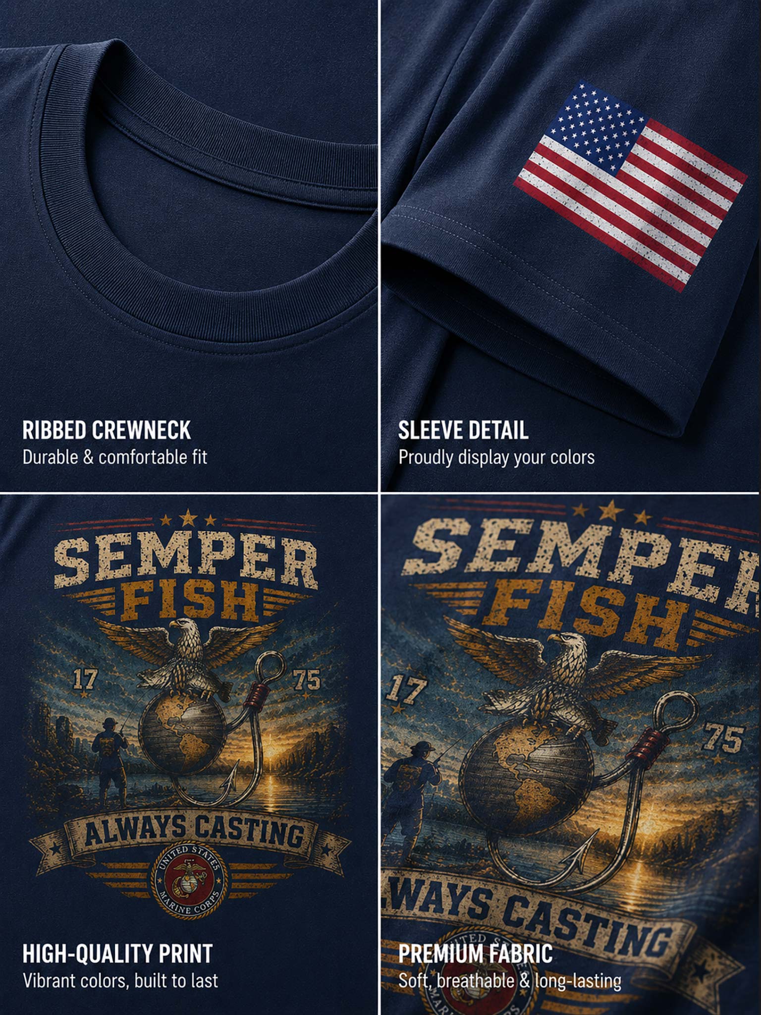 A four-panel product detail collage of a navy blue crewneck t-shirt. The top-left panel shows the ribbed crewneck.