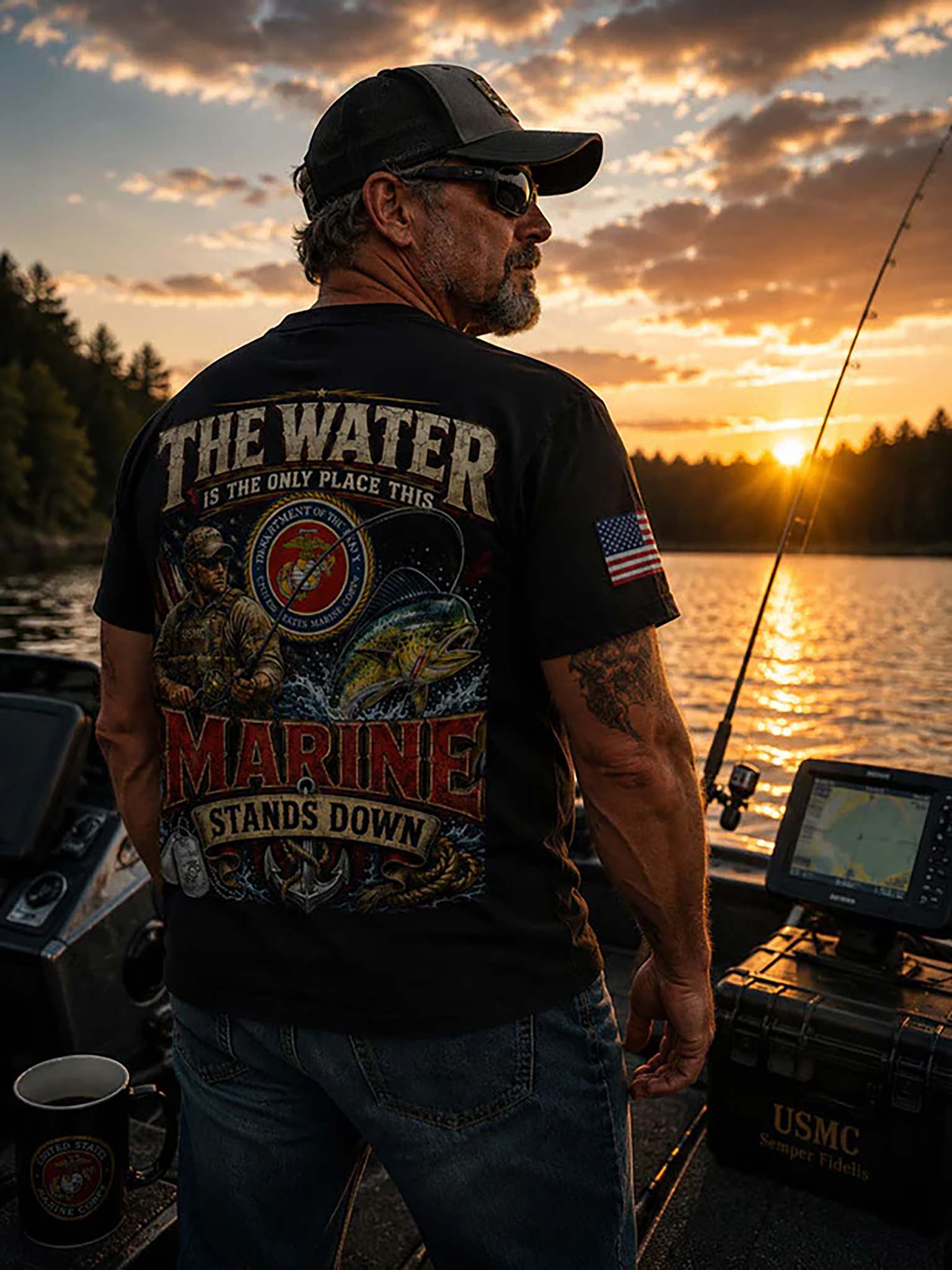 A man stands on a boat at sunset wearing a black graphic T-shirt with a large back print reading 'THE WATER IS THE ONLY PLACE THIS MARINE STANDS DOWN' and an American flag patch on the sleeve, with a lake and trees in the background.