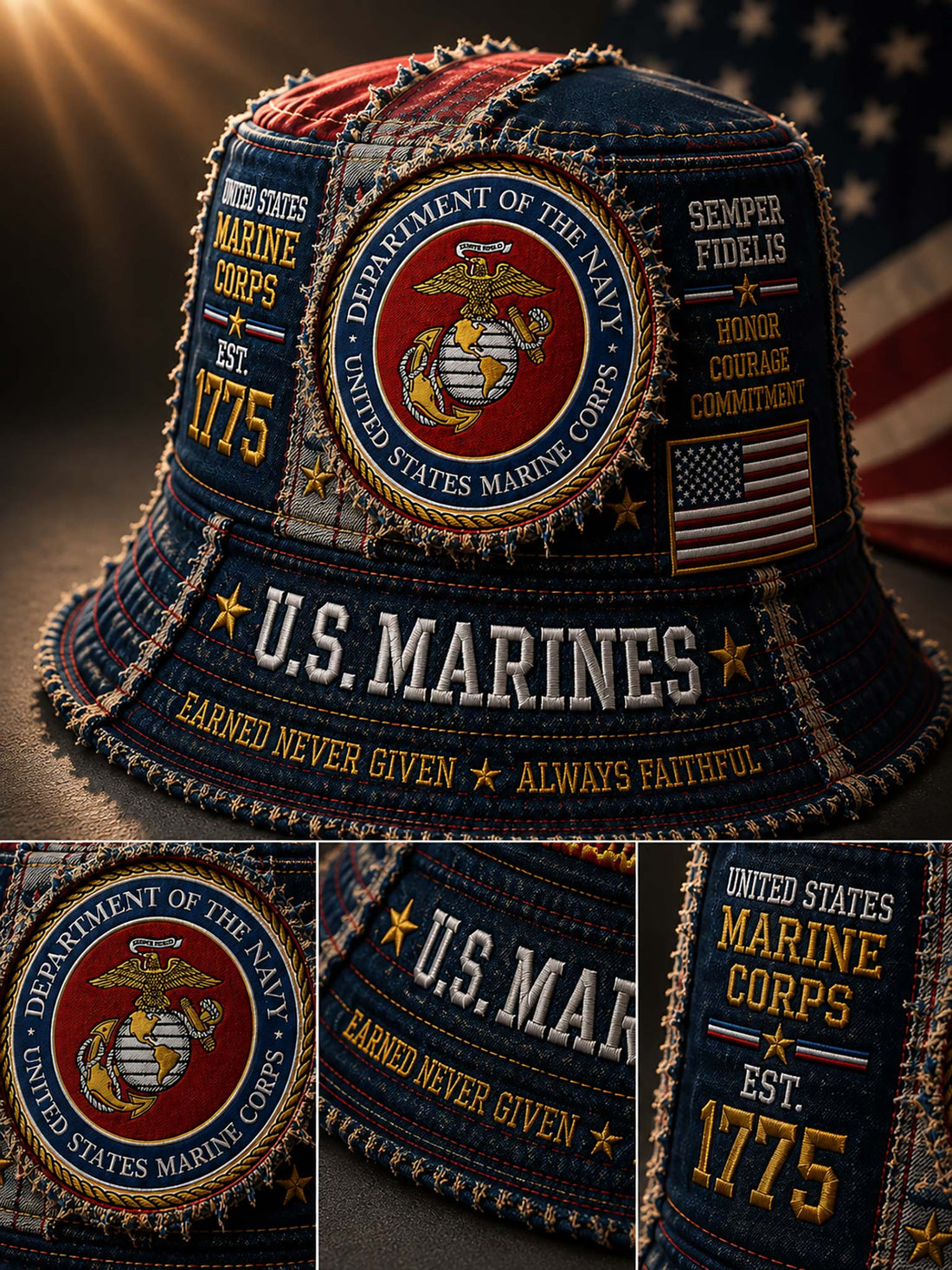 A denim-style bucket hat with embroidered U.S.