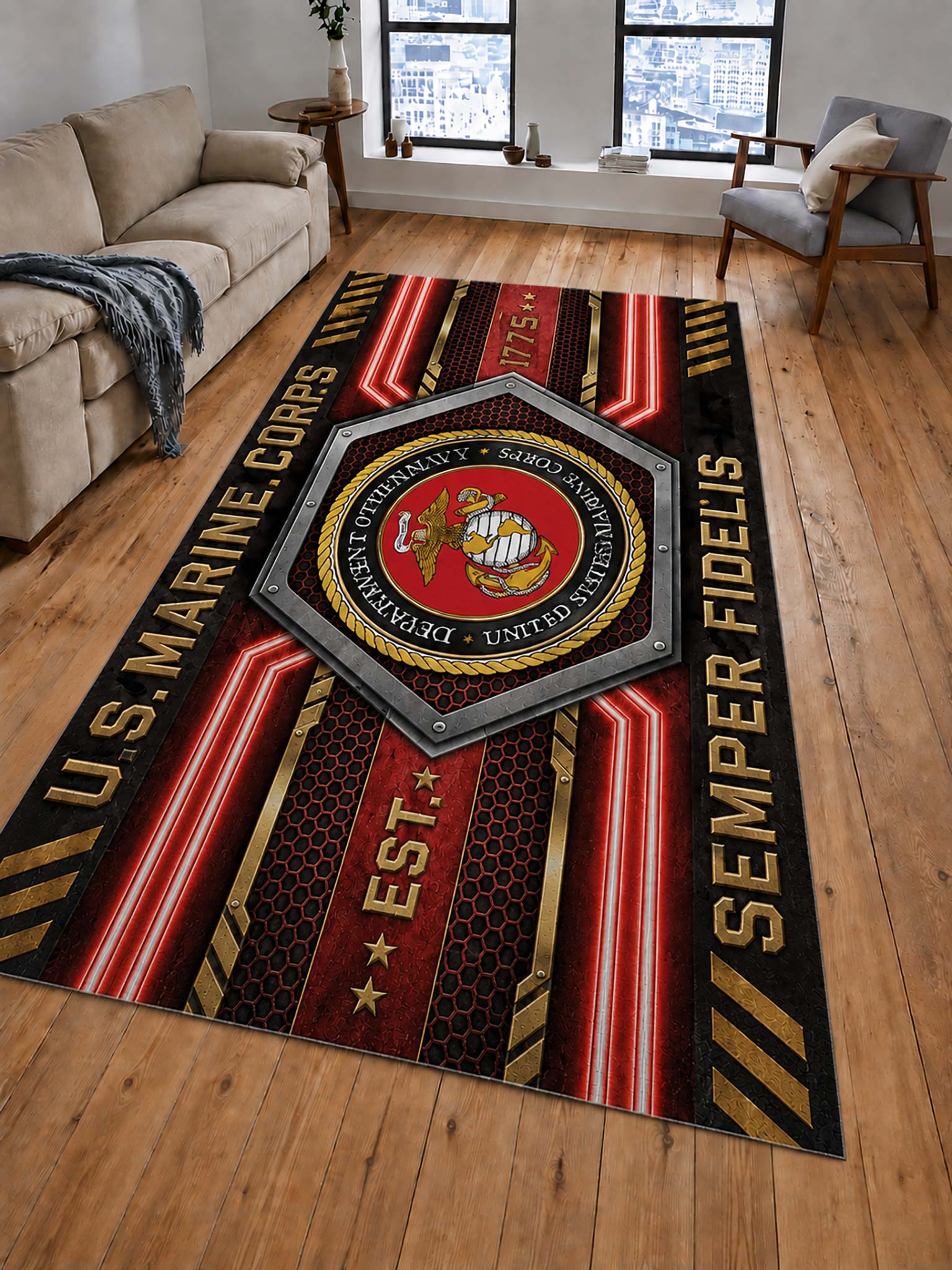 United State Marine Corps Geometric Metallic-Style Floor Rug
