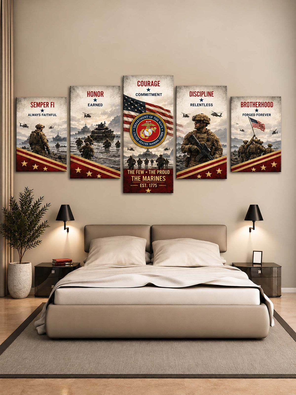 A 5-panel canvas wall art set depicting military valor and teamwork, displayed above a bed in a modern bedroom setting.
