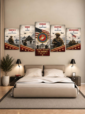 A 5-panel canvas wall art set depicting military valor and teamwork, displayed above a bed in a modern bedroom setting.