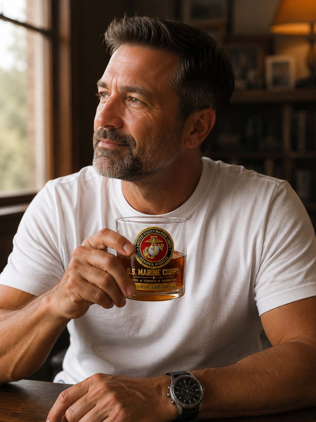 A clear rocks glass filled with amber liquid, featuring a large United States Marine Corps emblem and text on the front, displayed on a dark wooden surface against a black background.