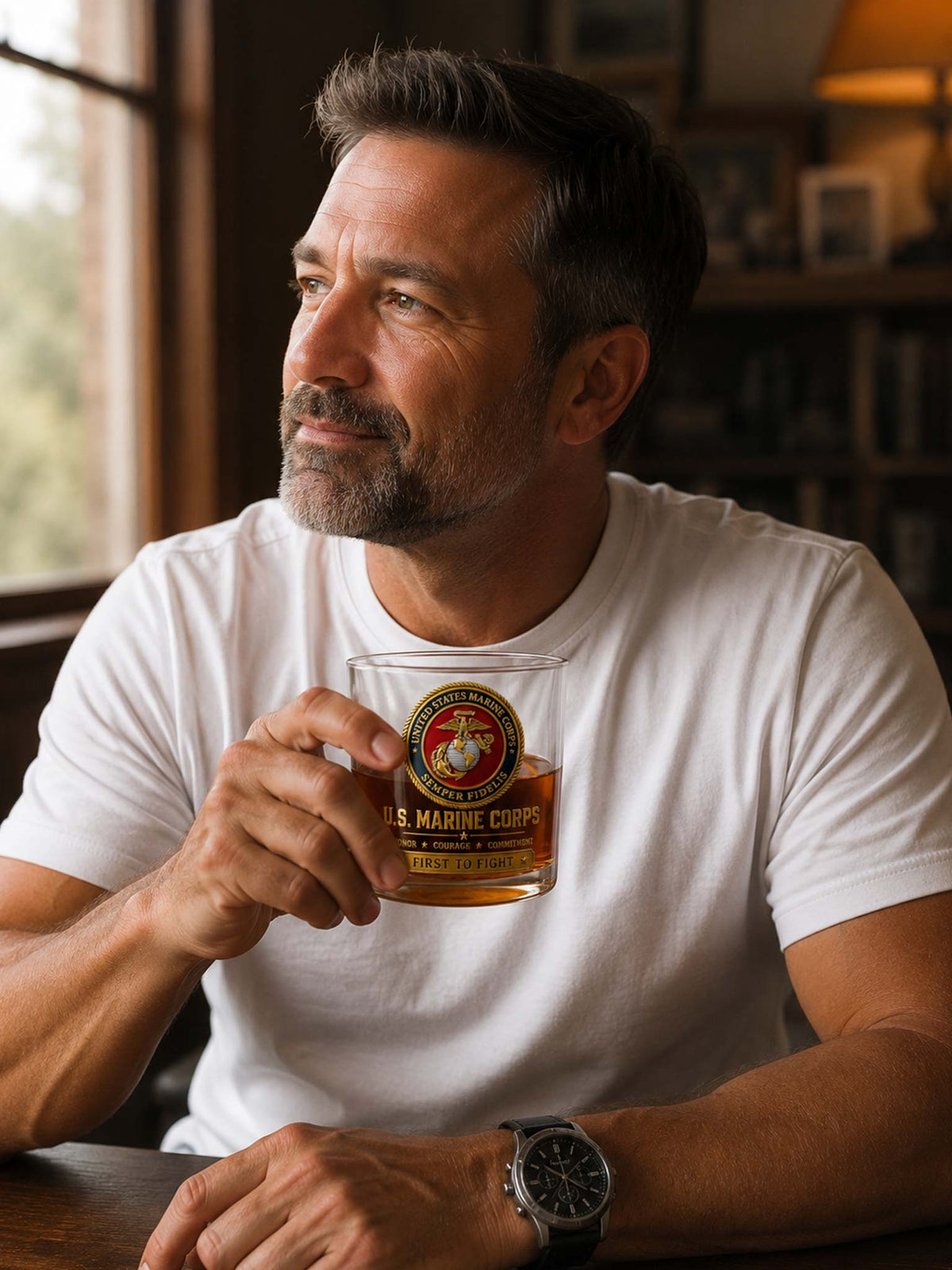 A man in a white t-shirt holding a glass of whiskey with a U.S.
