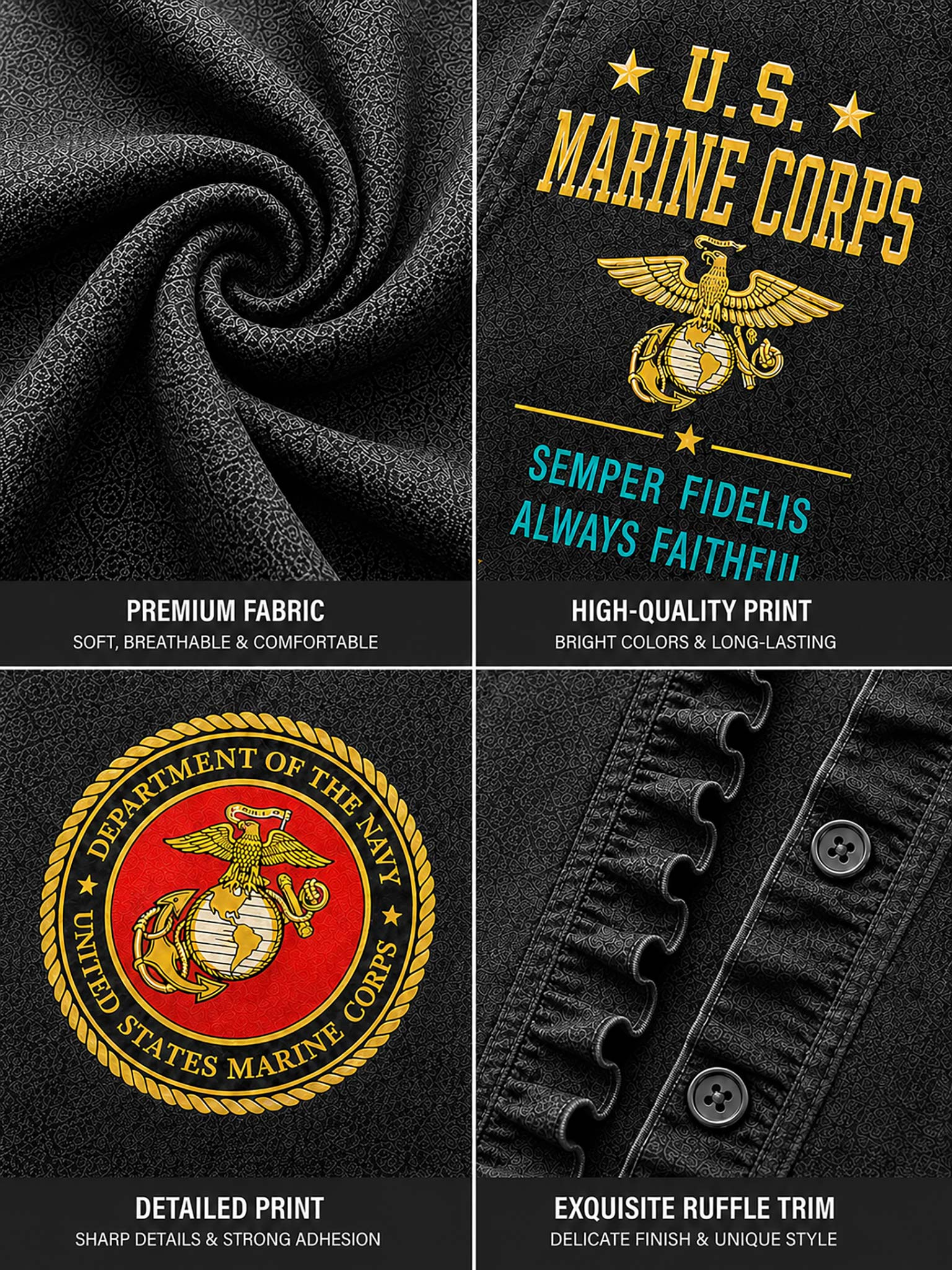 A four-panel product showcase of a black U.S.