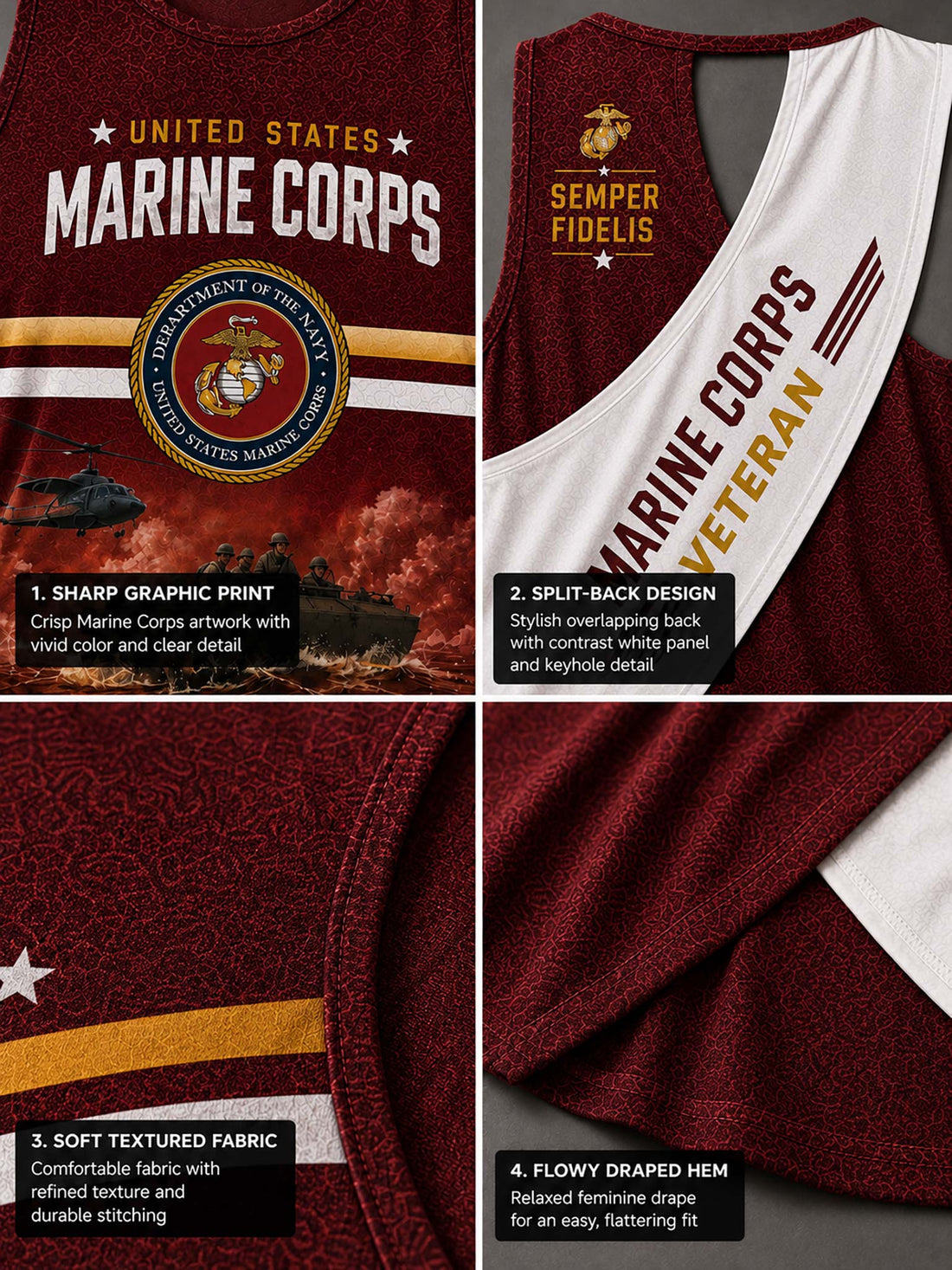 Two women modeling a maroon sleeveless tank top with United States Marine Corps graphics. One view shows the front with a military emblem, tank graphic, and 'Semper Fidelis' text, and the other shows the back with a white 'Marine Corps Veteran' sash.